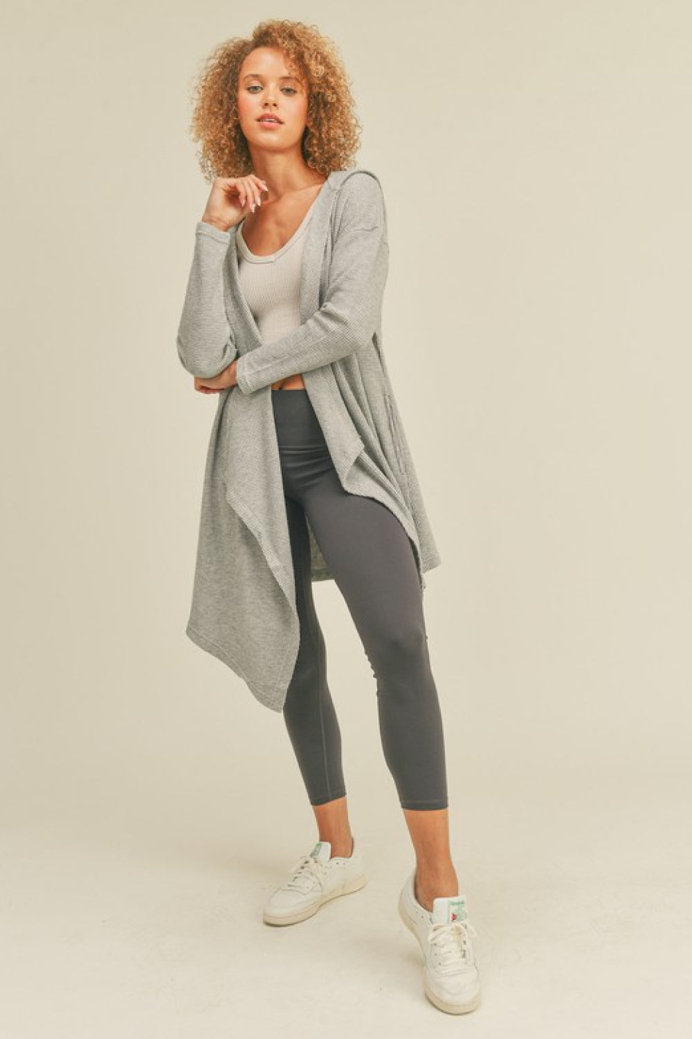 Kimberly C Full Size Waffle Knit Hooded Cardigan in Grey