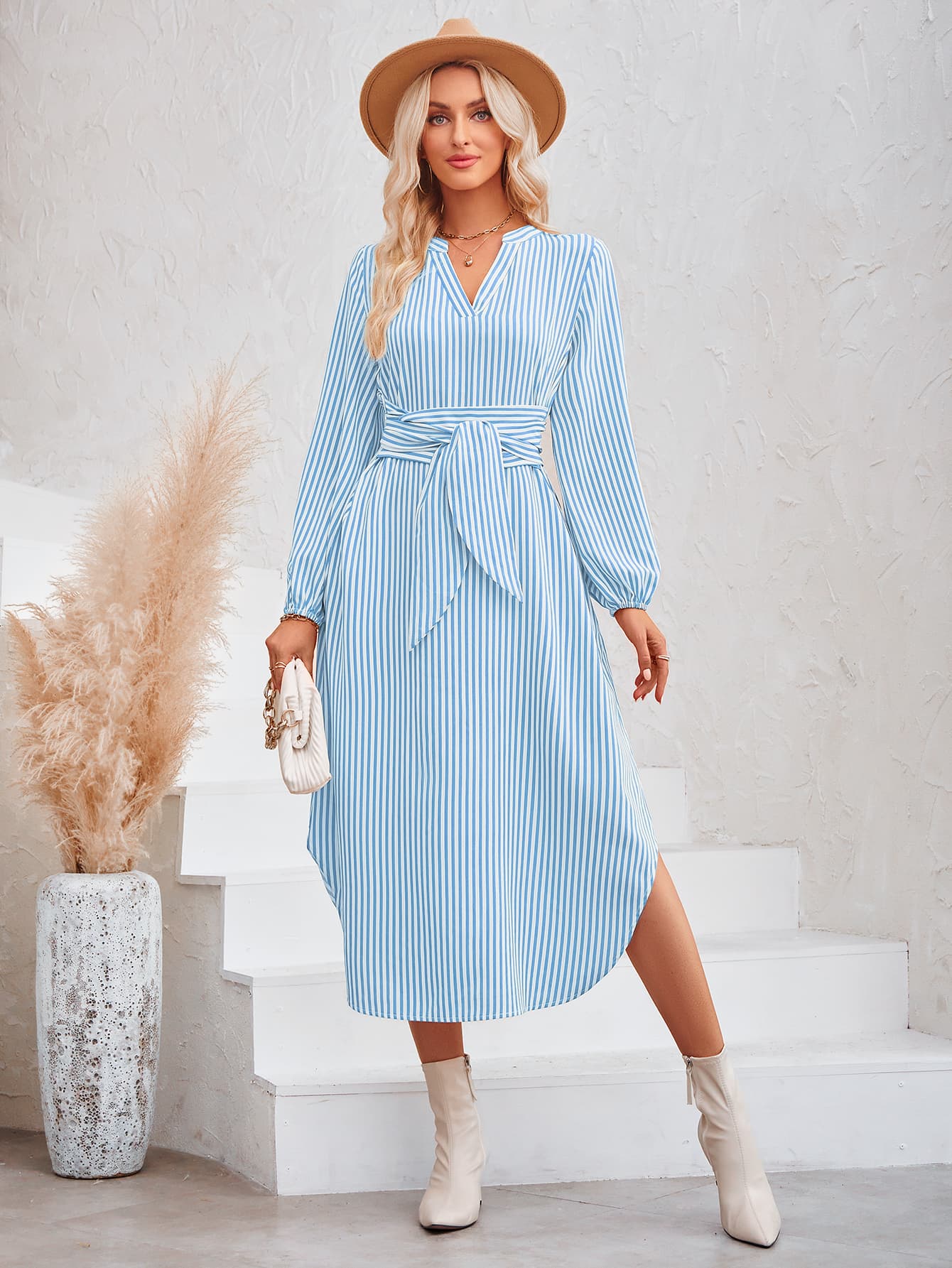 Striped Notched Neck Curved Hem Long Sleeve Dress