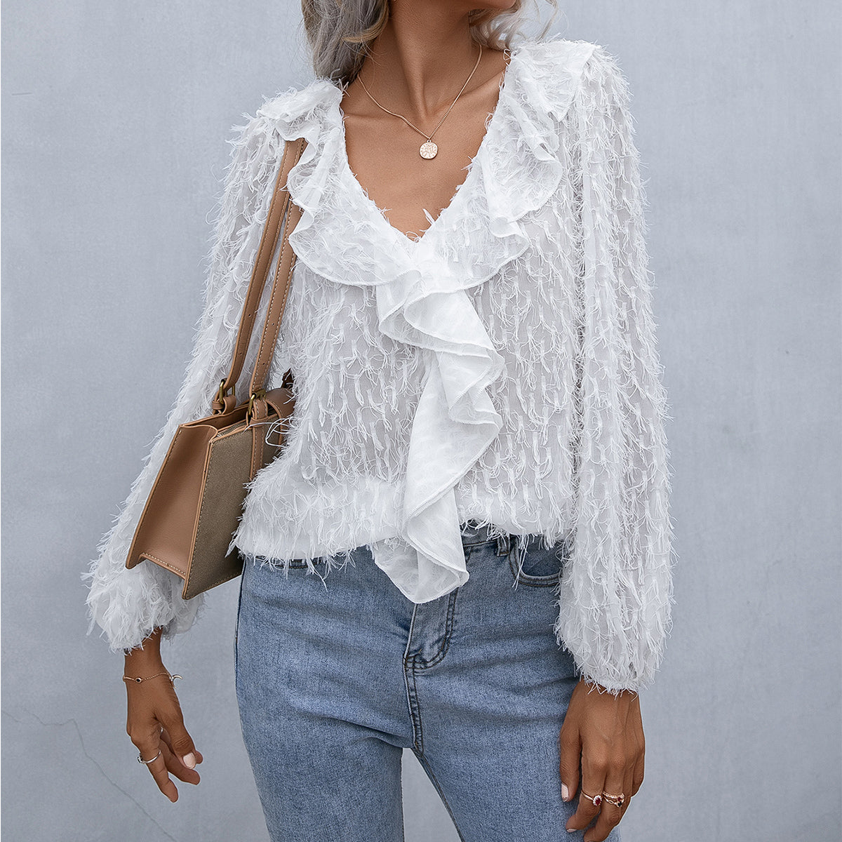 Ruffle Hem Fringe V-Neck Balloon Sleeve Blouse