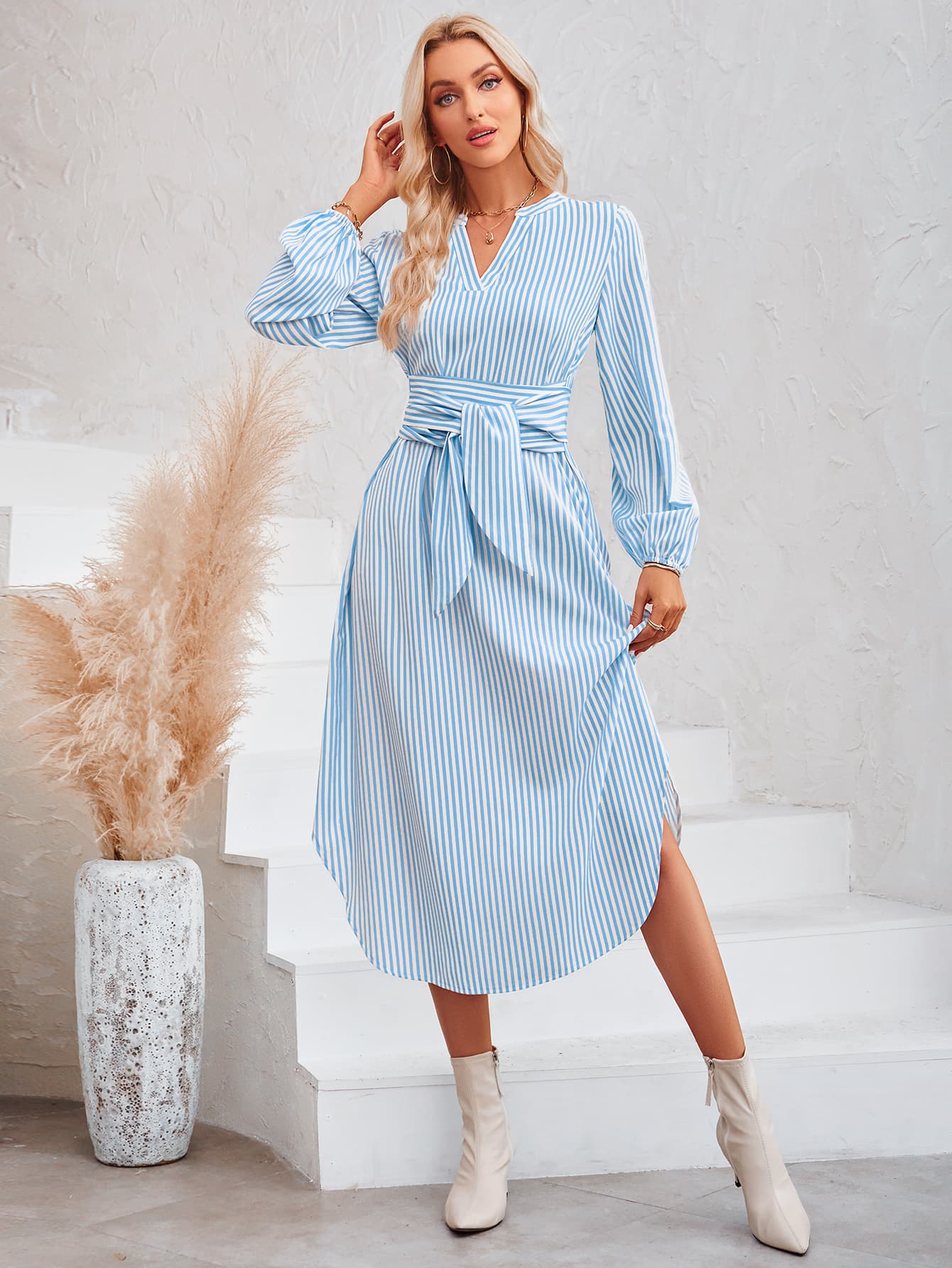 Striped Notched Neck Curved Hem Long Sleeve Dress