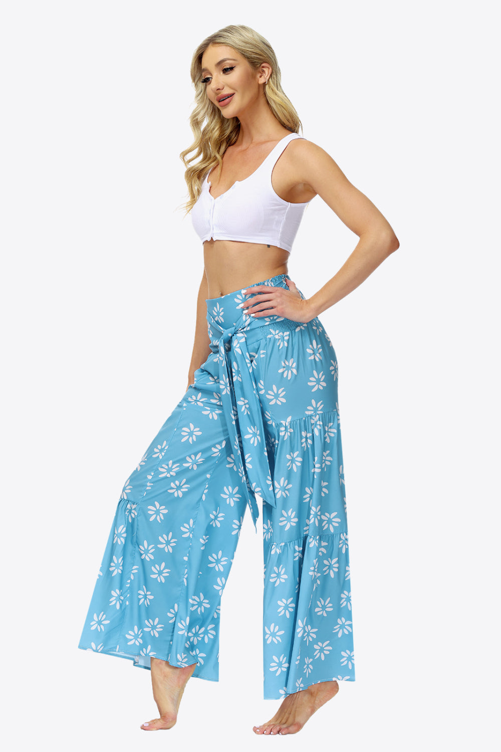 Floral Tie-Waist Tiered Culottes