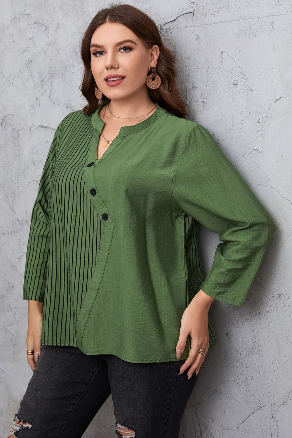 Plus Size Striped Notched Neck Top