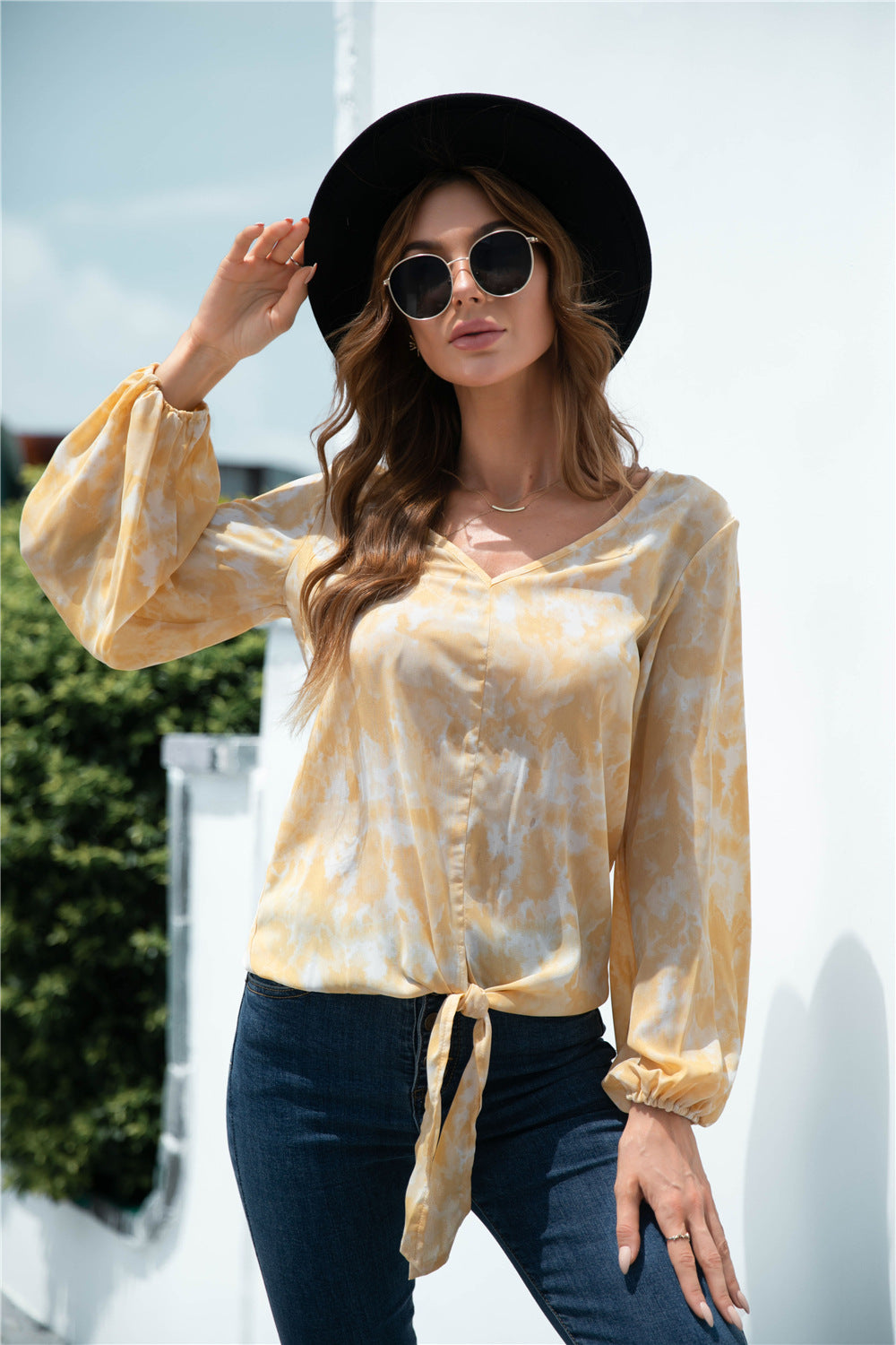 Tie-Dye Tied Balloon Sleeve Blouse