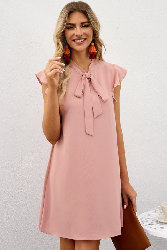 Tie Neck Flutter Sleeve Shift Dress