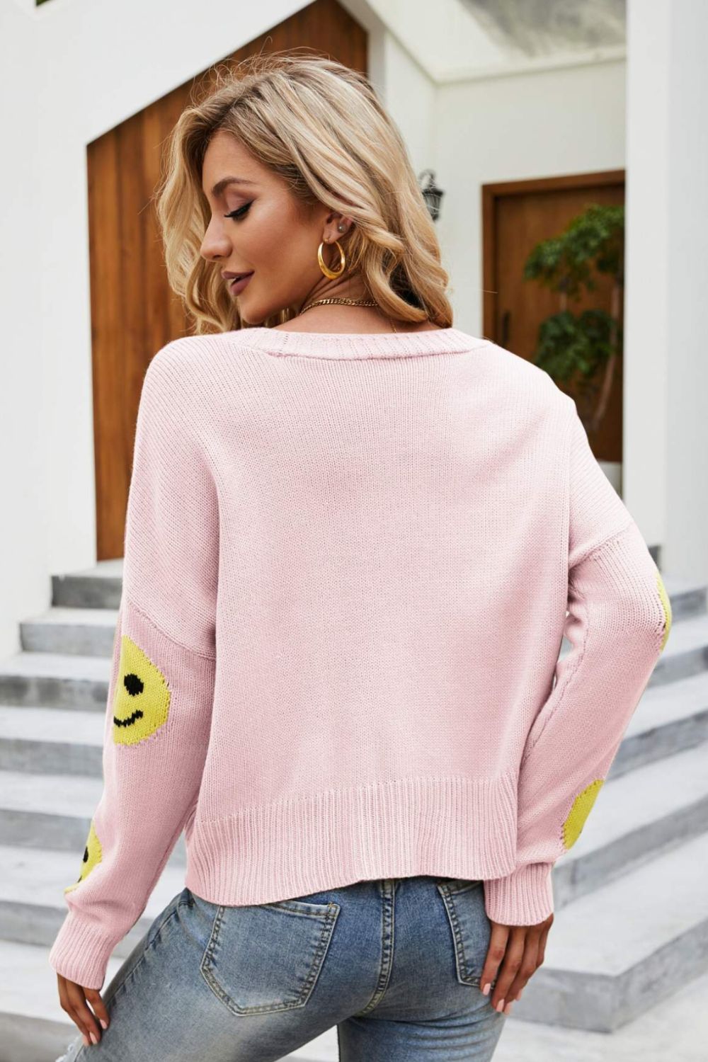 Smiley Face Ribbed Trim V-Neck Cardigan