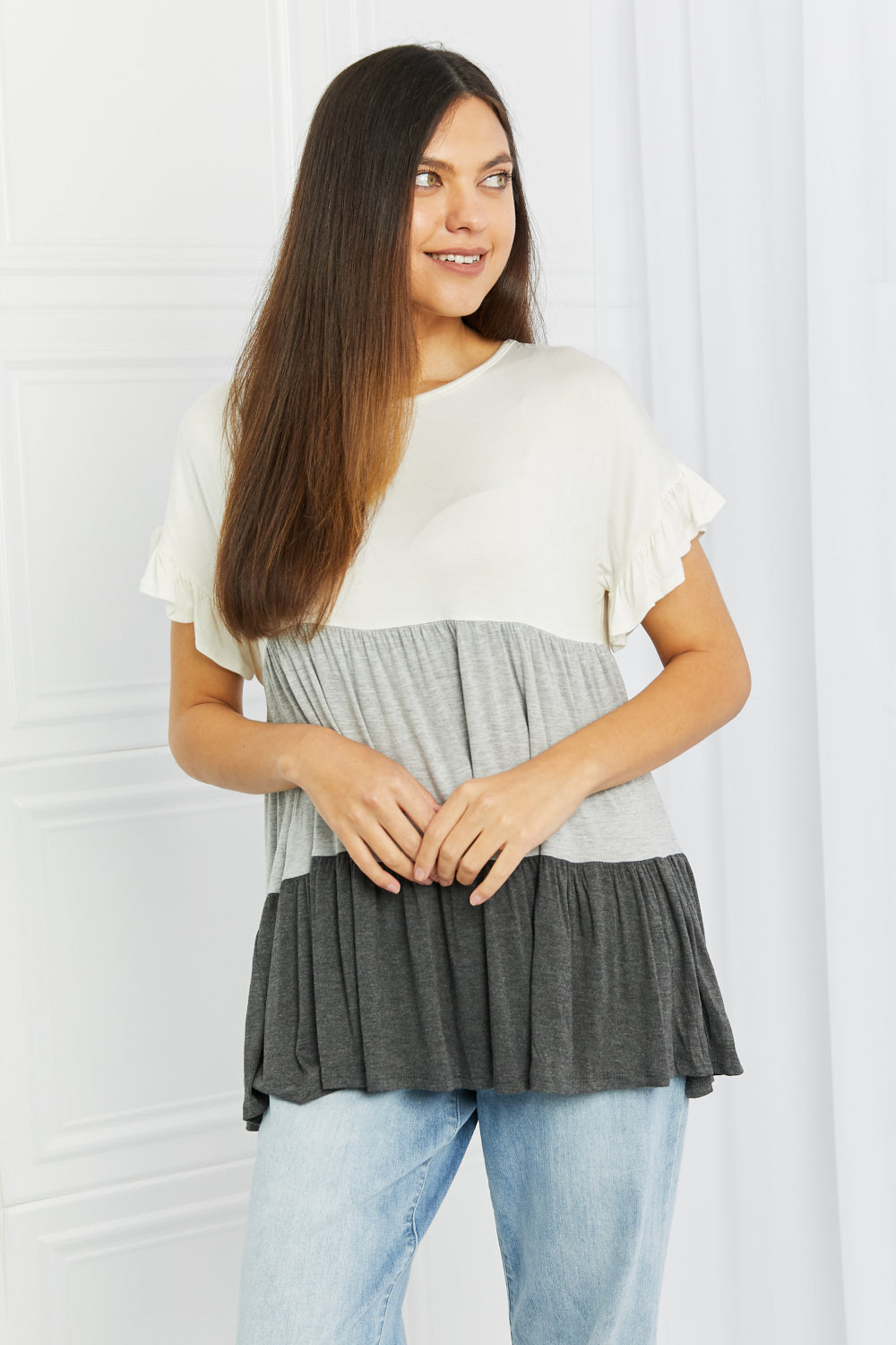 Celeste Feel The Breeze Full Size Color Block Ruffle Top