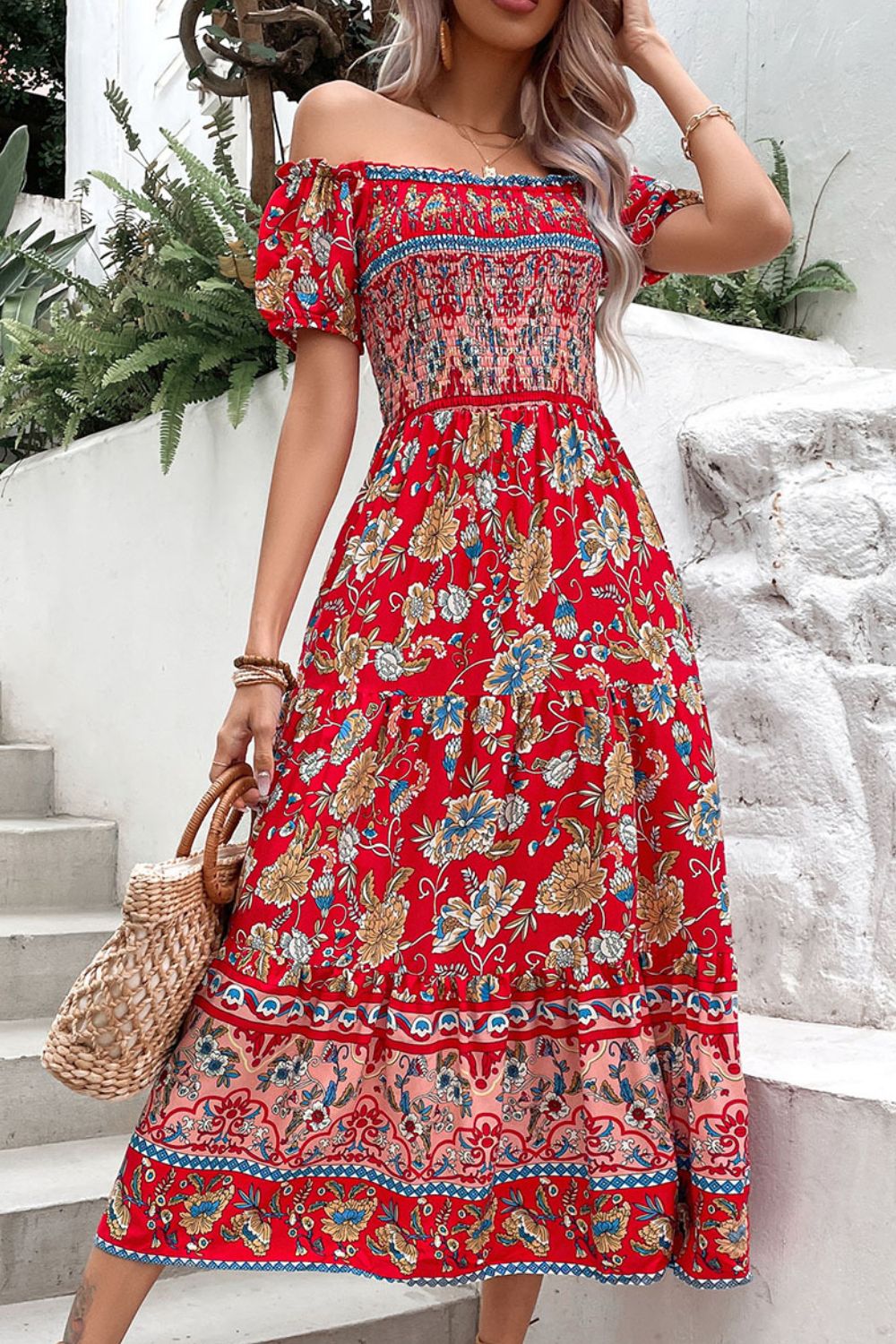 Floral Off-Shoulder Smocked Midi Dress