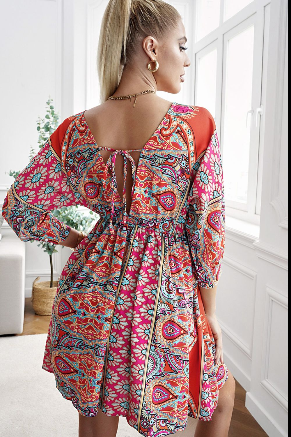 Printed Plunge Tie-Back Babydoll Dress