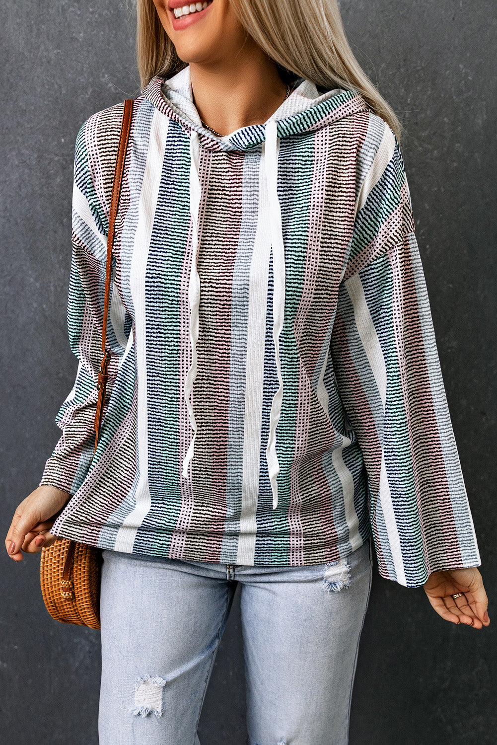 Striped Drawstring Detail Drop Shoulder Hoodie