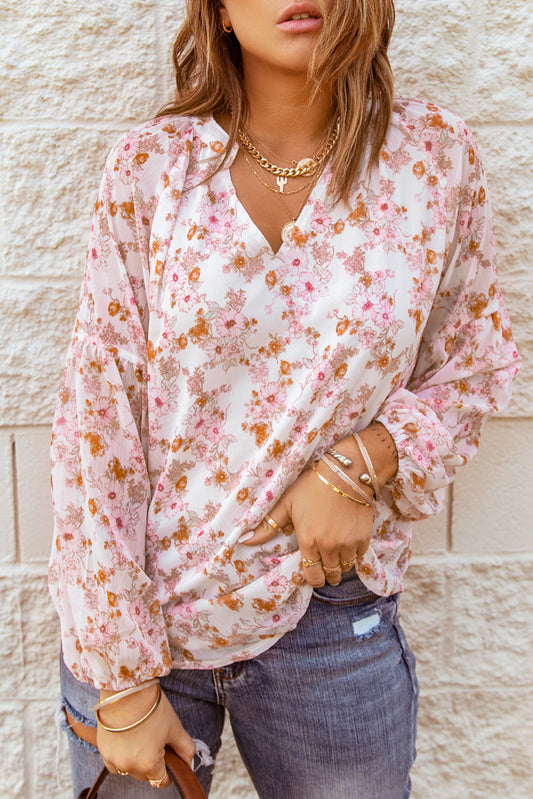 Floral Balloon Sleeve Notched Neck Blouse