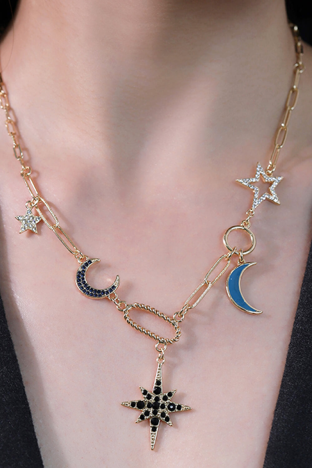 Star and Moon Rhinestone Alloy Necklace