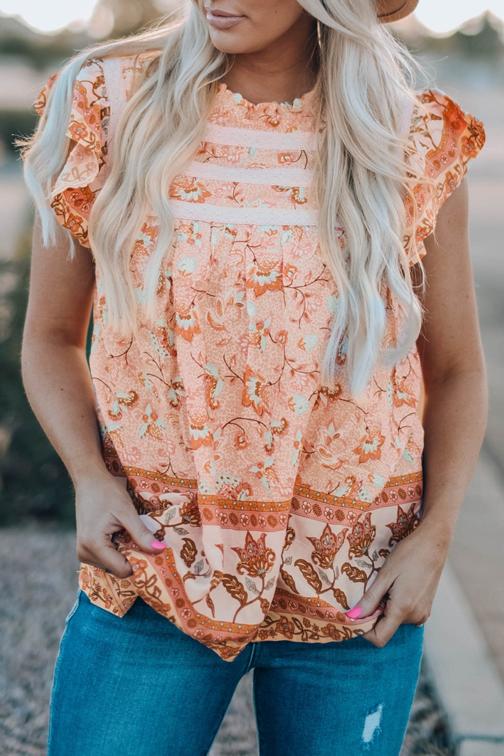 Floral Flutter Sleeve Sleeveless Blouse