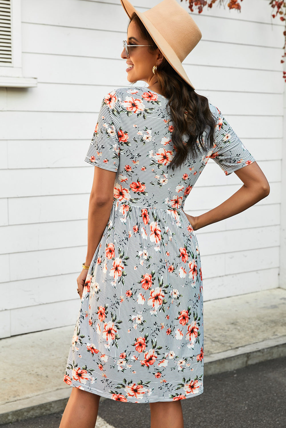 Striped Floral Short Sleeve  Dress with Pockets