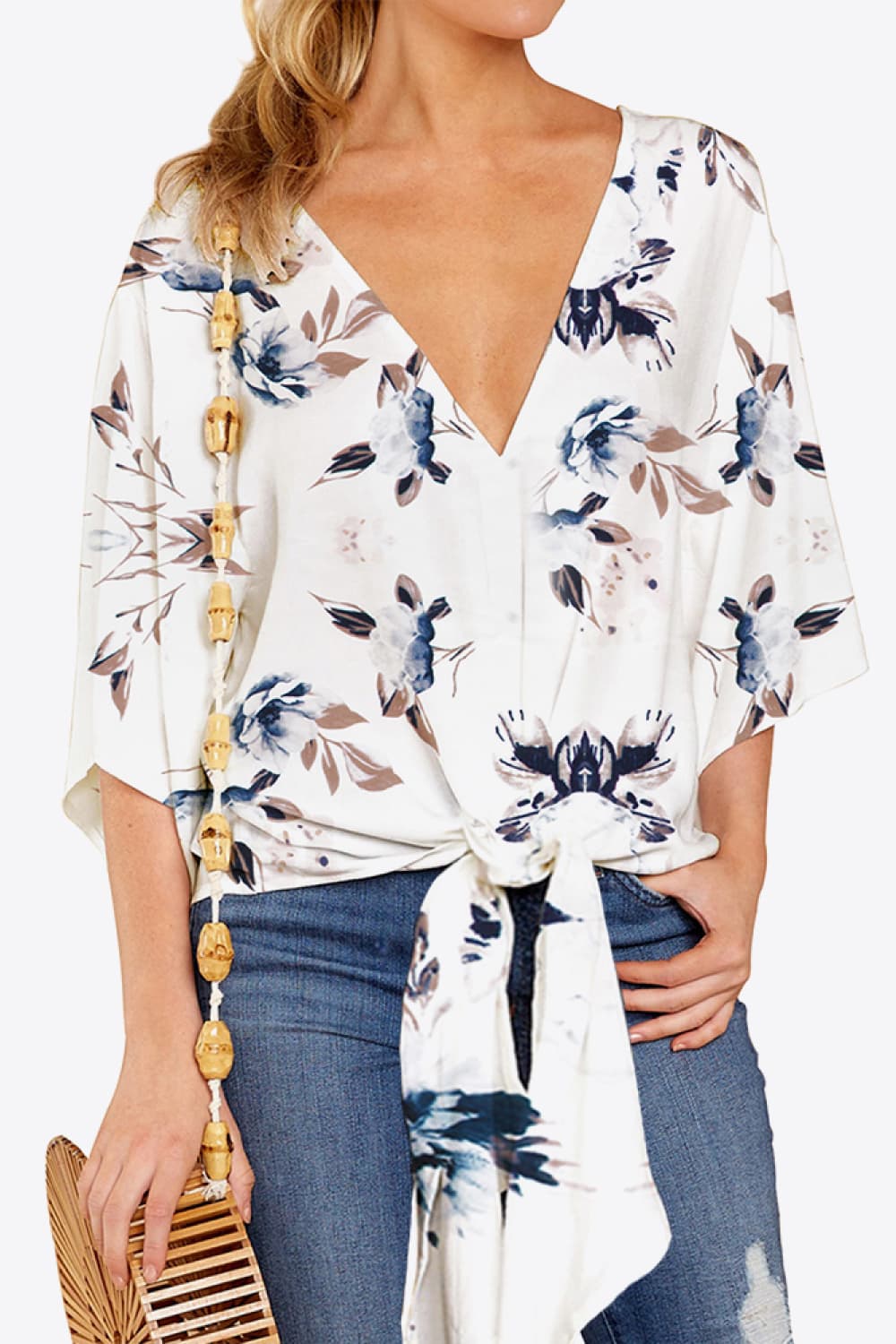 Printed Deep V Tie Hem Blouse