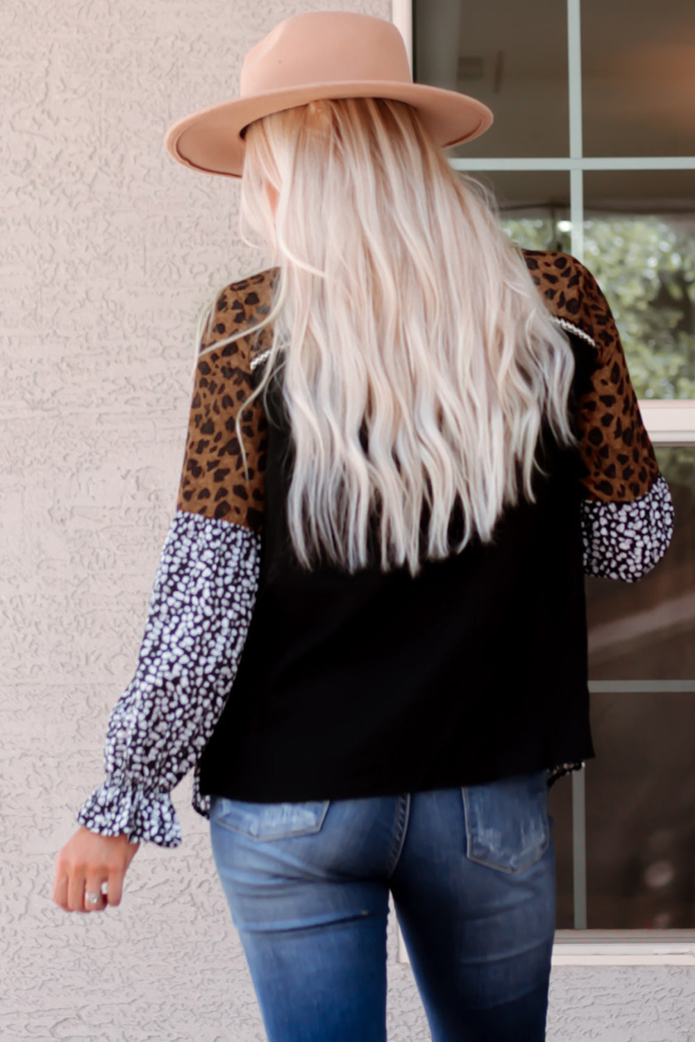 Animal Print Color Block  V-Neck Flounce Sleeve Blouse