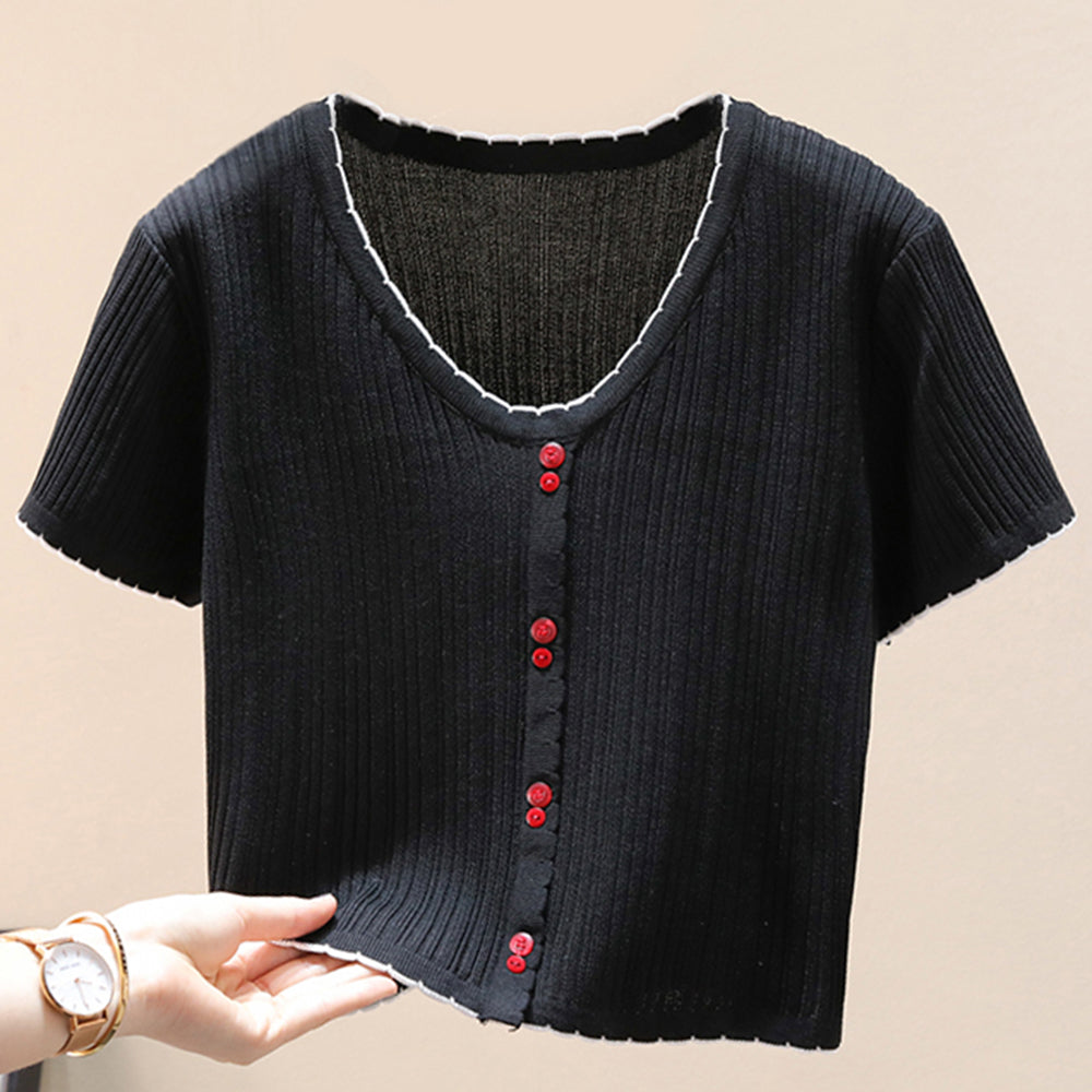 Contrast Decorative Button Short Sleeve Knit Top