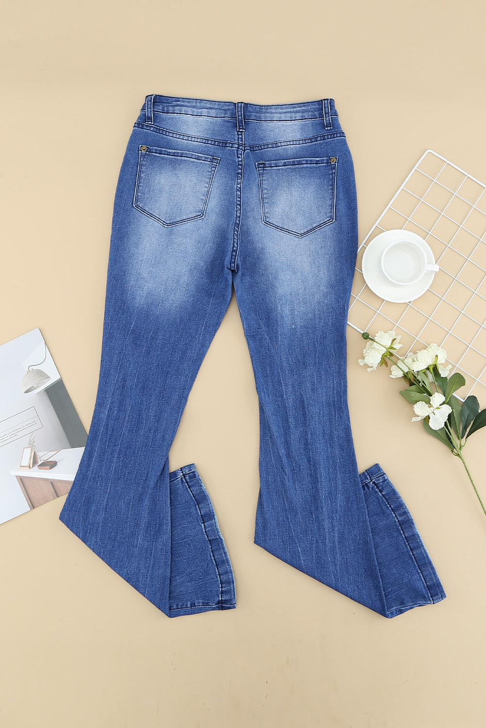 Distressed Flare Leg Jeans with Pockets