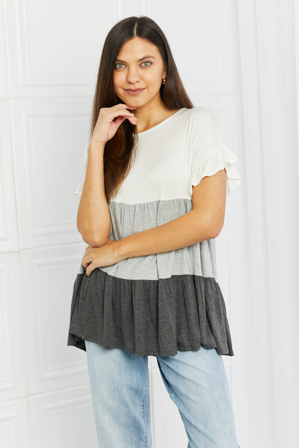 Celeste Feel The Breeze Full Size Color Block Ruffle Top