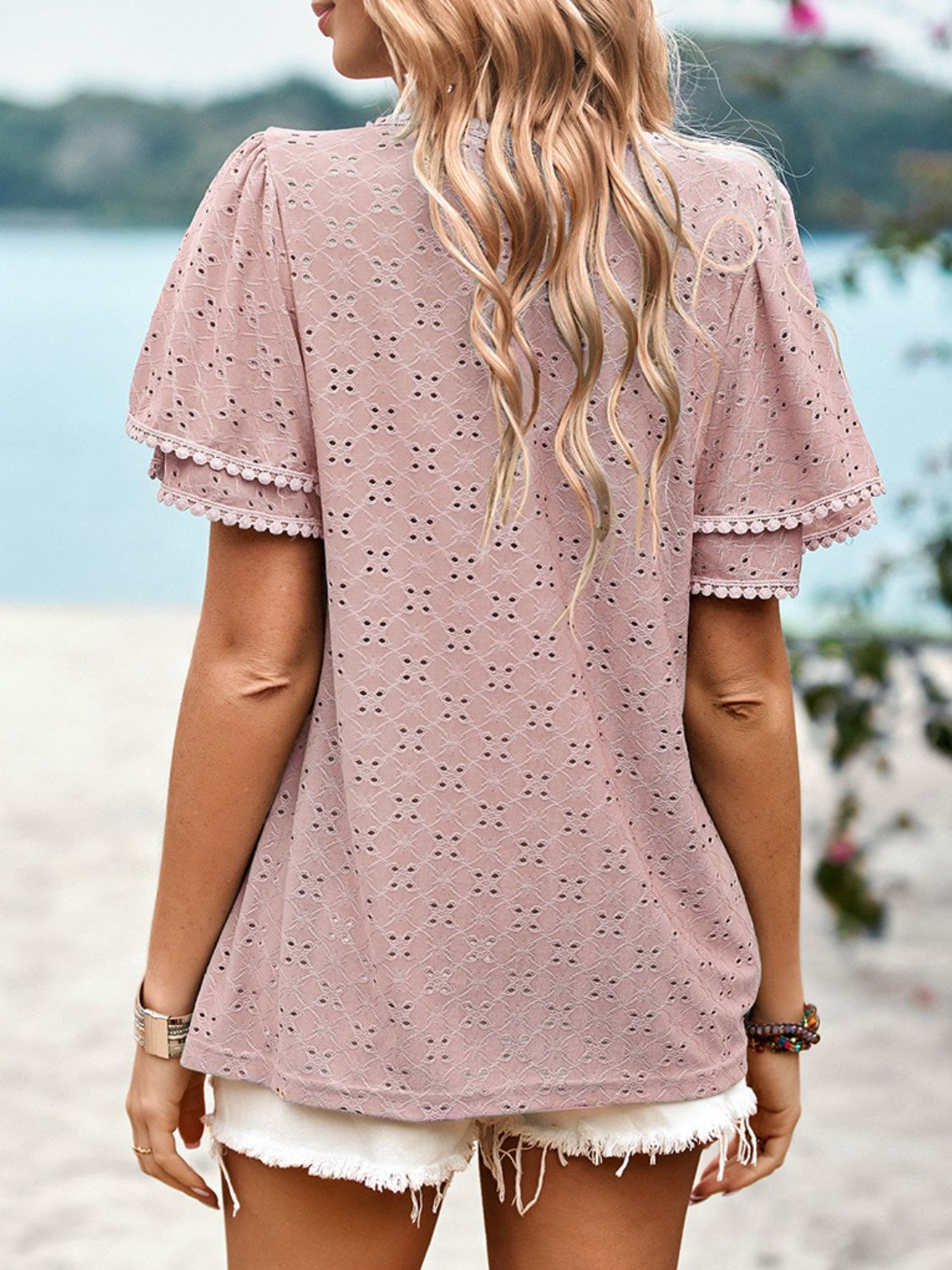 Eyelet Round Neck Puff Sleeve Blouse