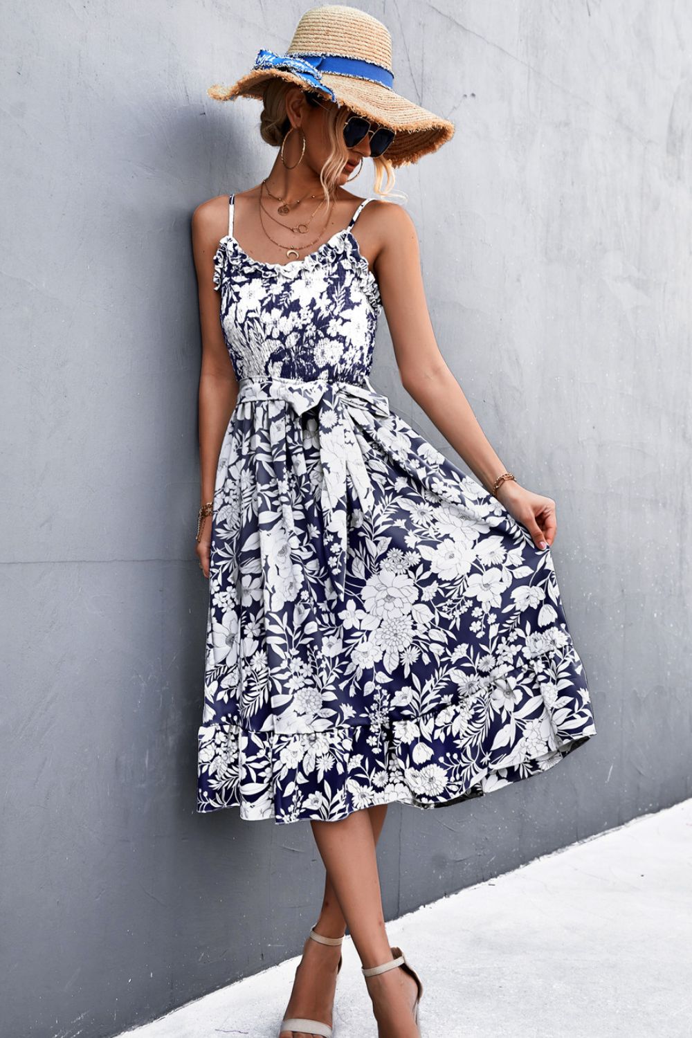 Floral Frill Trim Scoop Neck Spaghetti Strap Dress