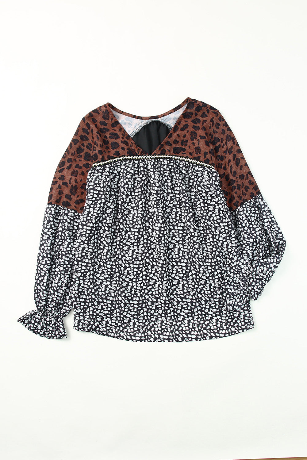 Animal Print Color Block  V-Neck Flounce Sleeve Blouse