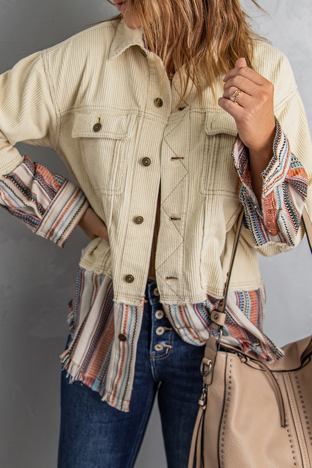 Striped Frayed Hem Corduroy Jacket