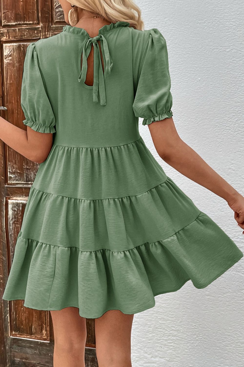 Puff Sleeve Tie Back Tiered Dress