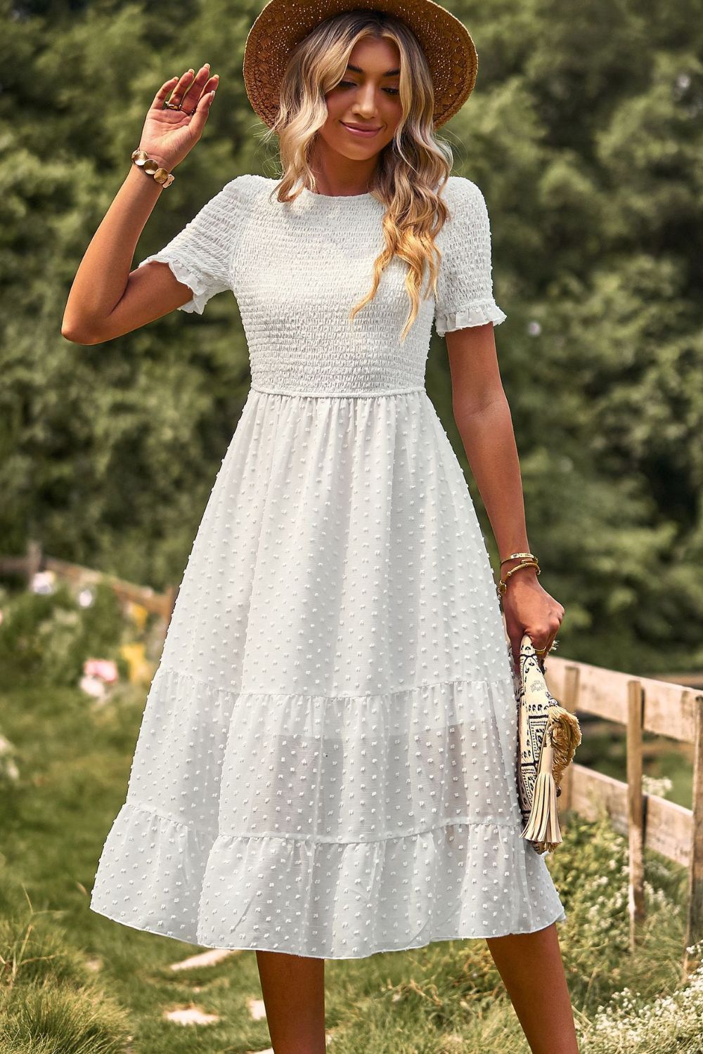 Swiss Dot Smocked Round Neck Short Sleeve Midi Dress