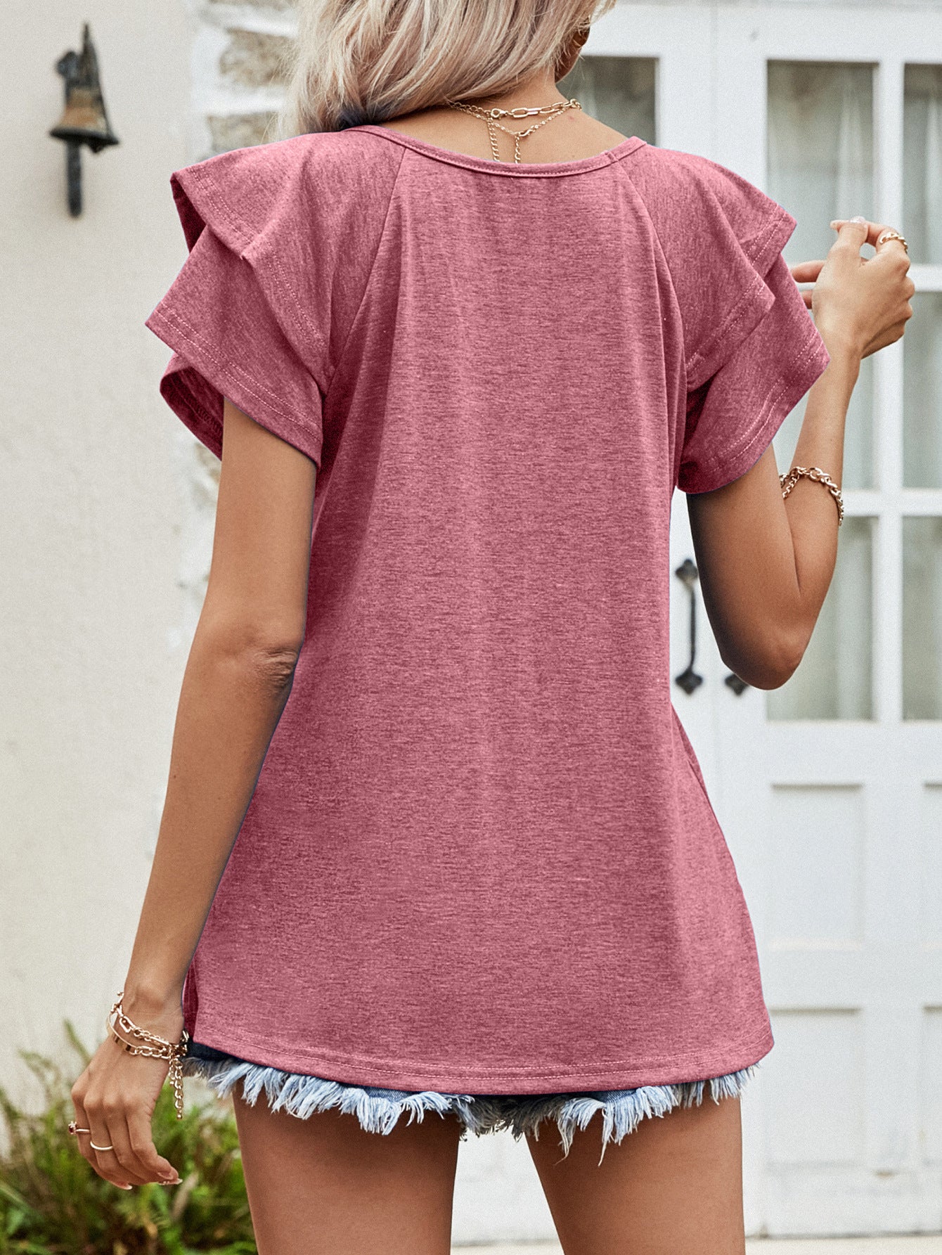 Layered Flutter Sleeve V-Neck Top