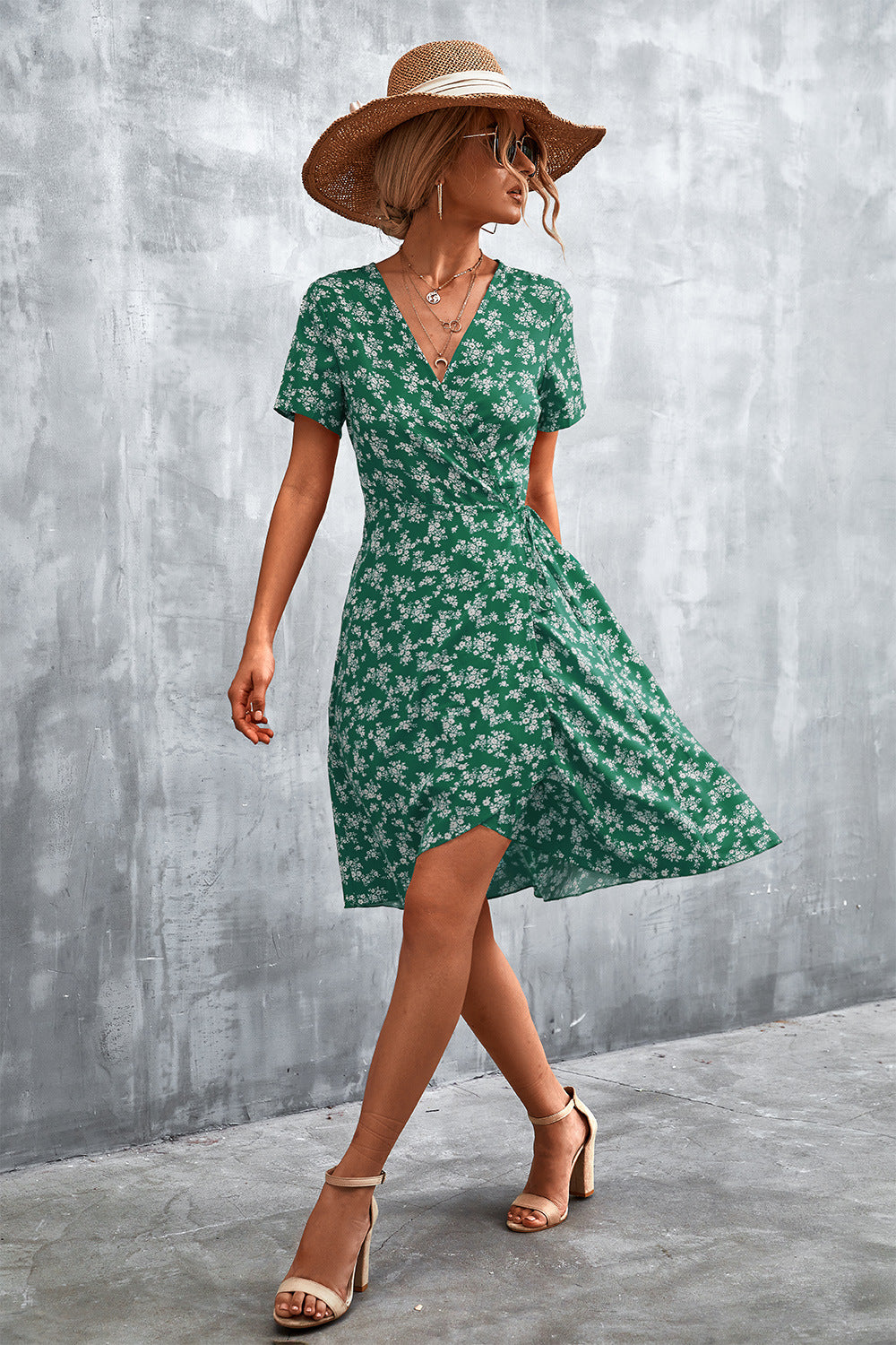 Floral Surplice Neck Flutter Sleeve Dress