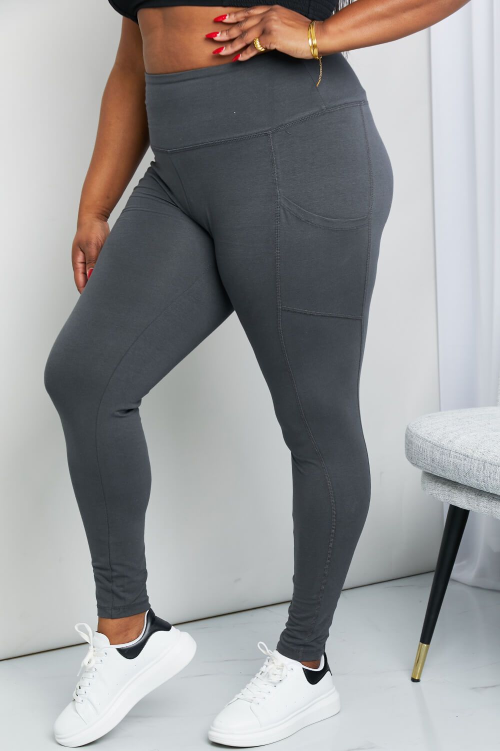 Zenana Ready to Roll Full Size Wide Waistband Pocket Leggings in Ash Grey