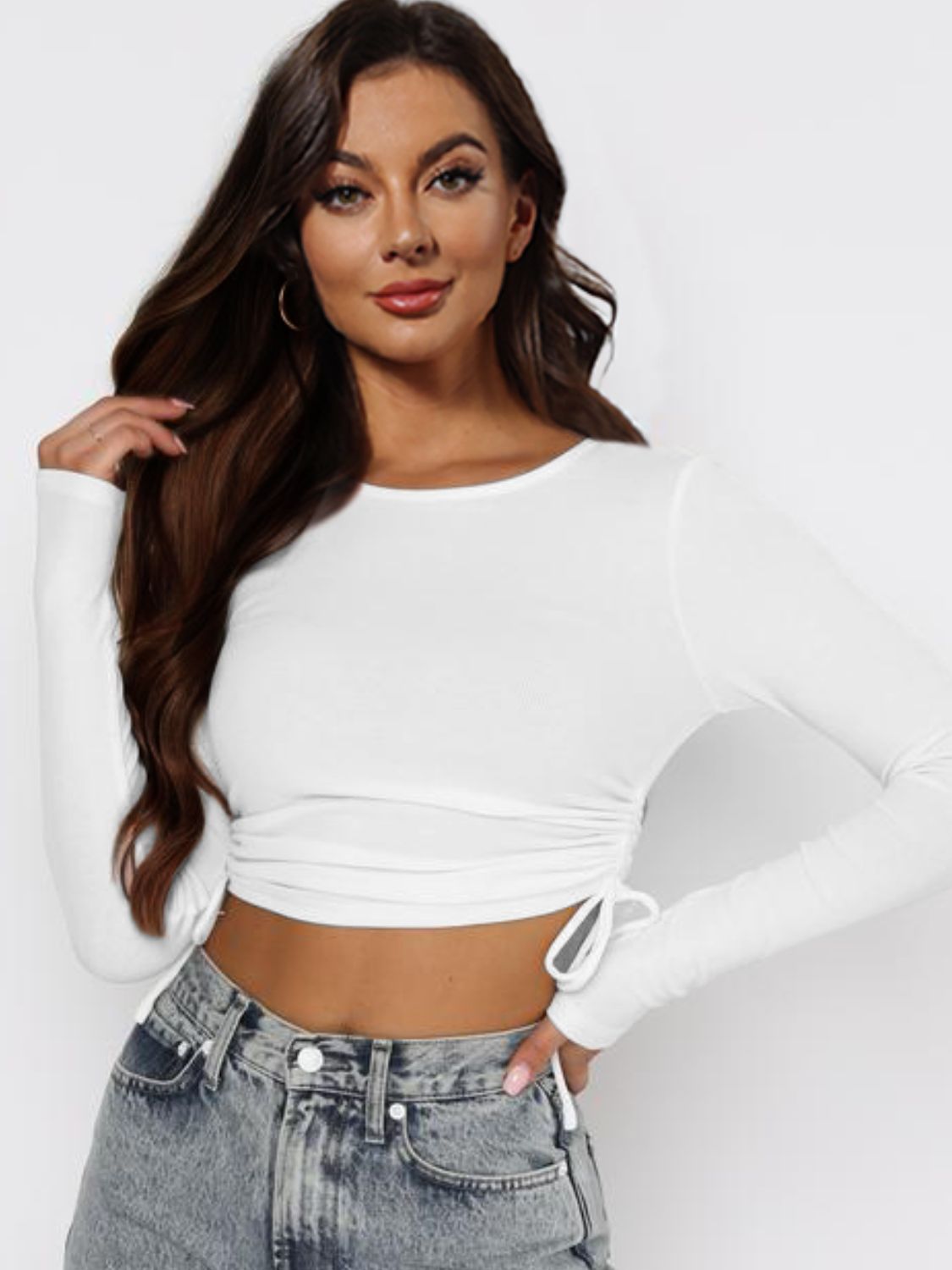 Drawstring Round Neck Long Sleeve Top