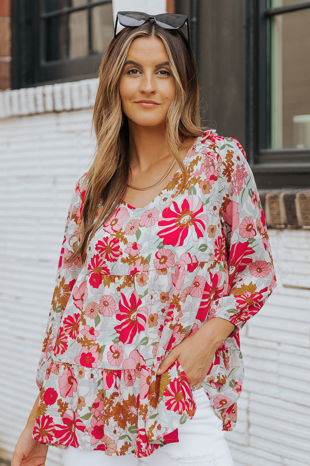 Floral V-Neck Tiered Babydoll Blouse