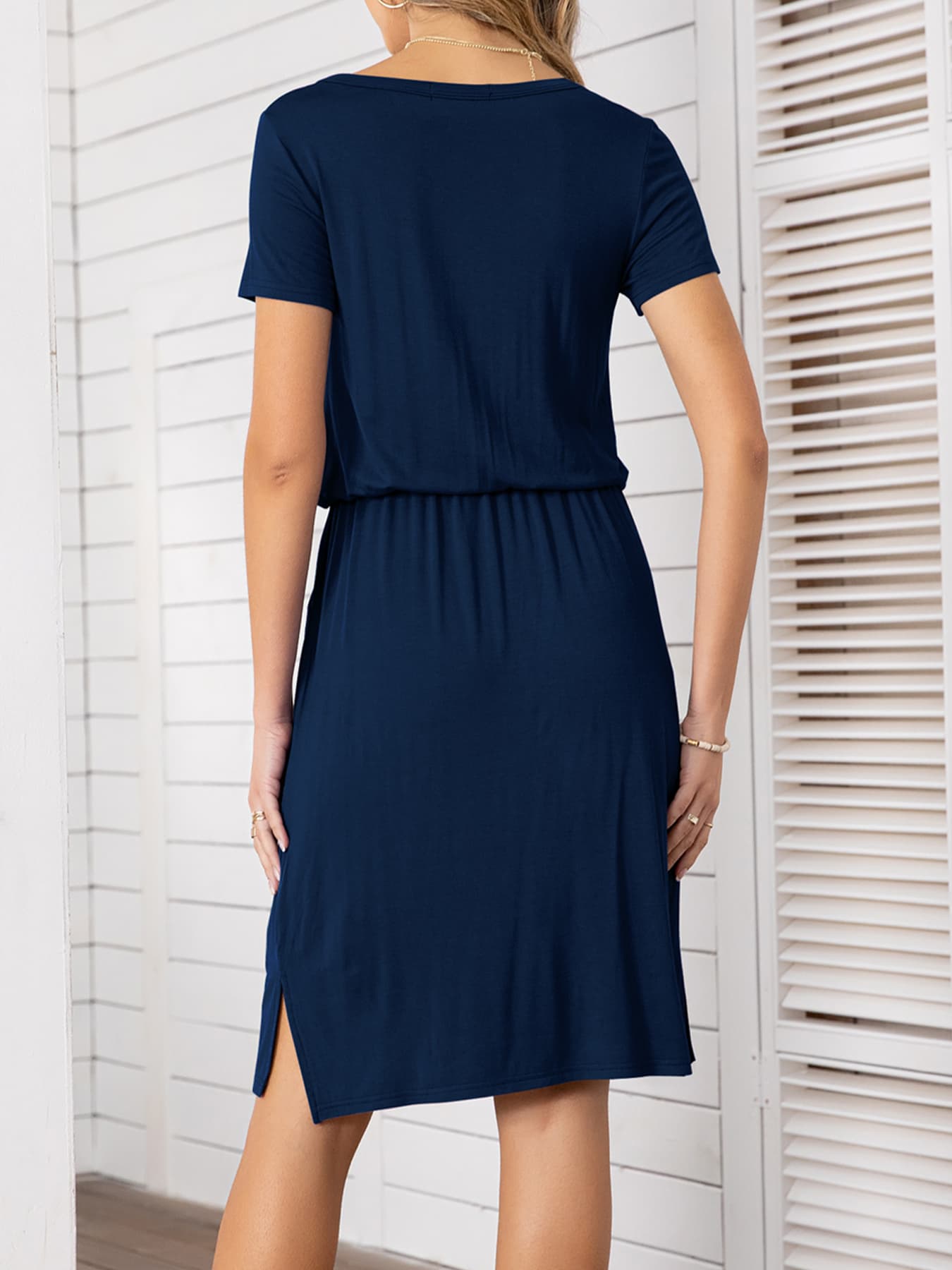 Round Neck Short Sleeve Slit Dress with Pockets