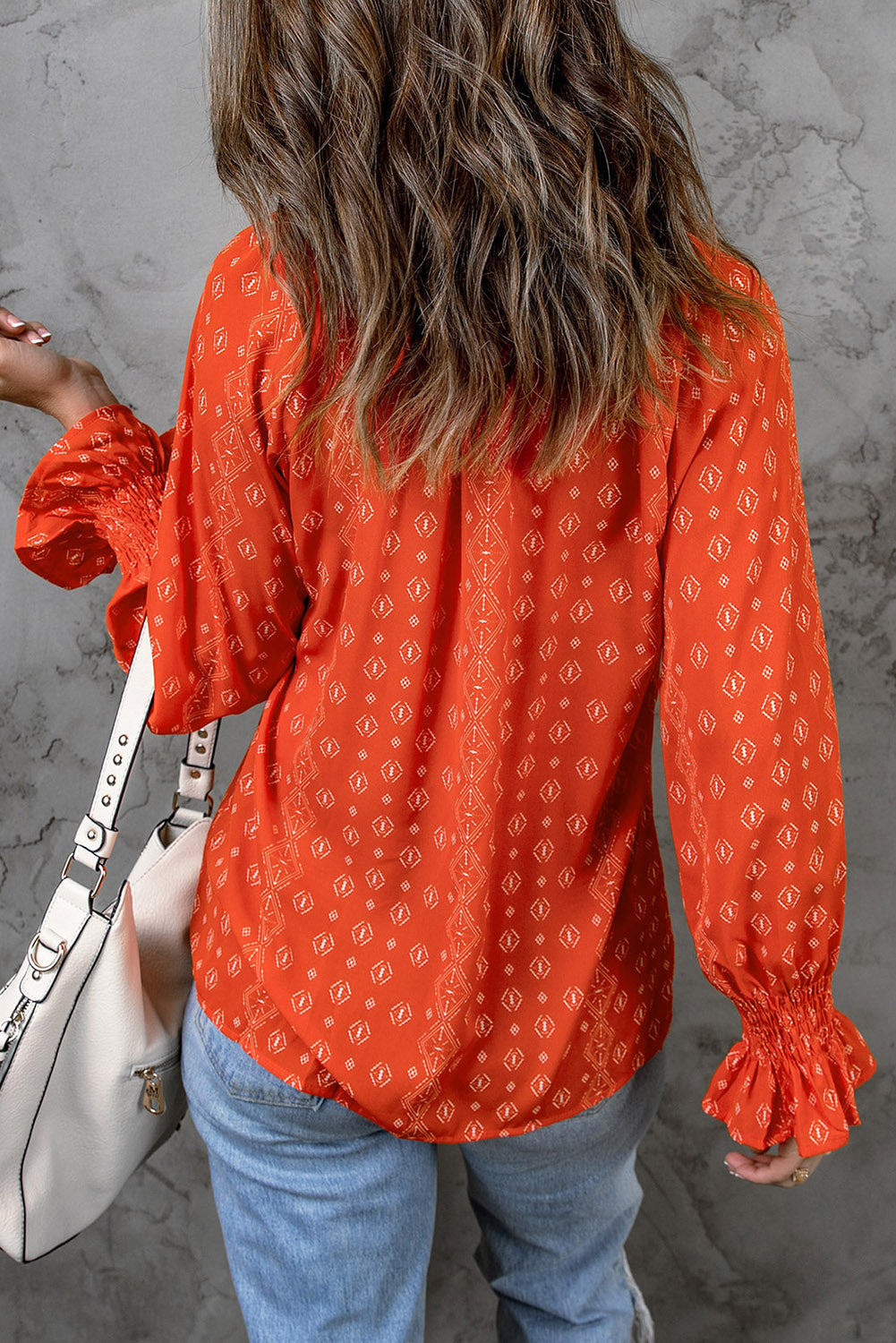 Printed Tie-Neck Long Flounce Sleeve Blouse