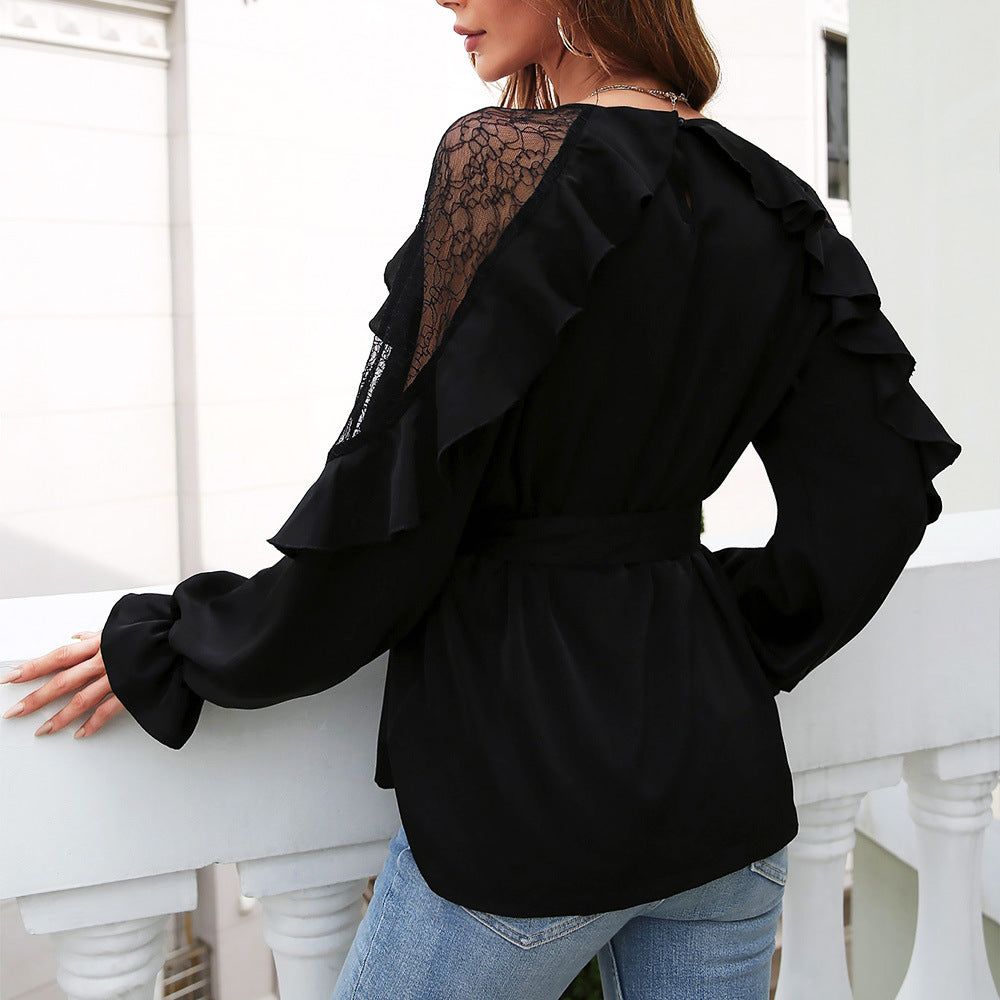 Round Neck Front Tie Flounce Sleeve Lace Cap Blouse