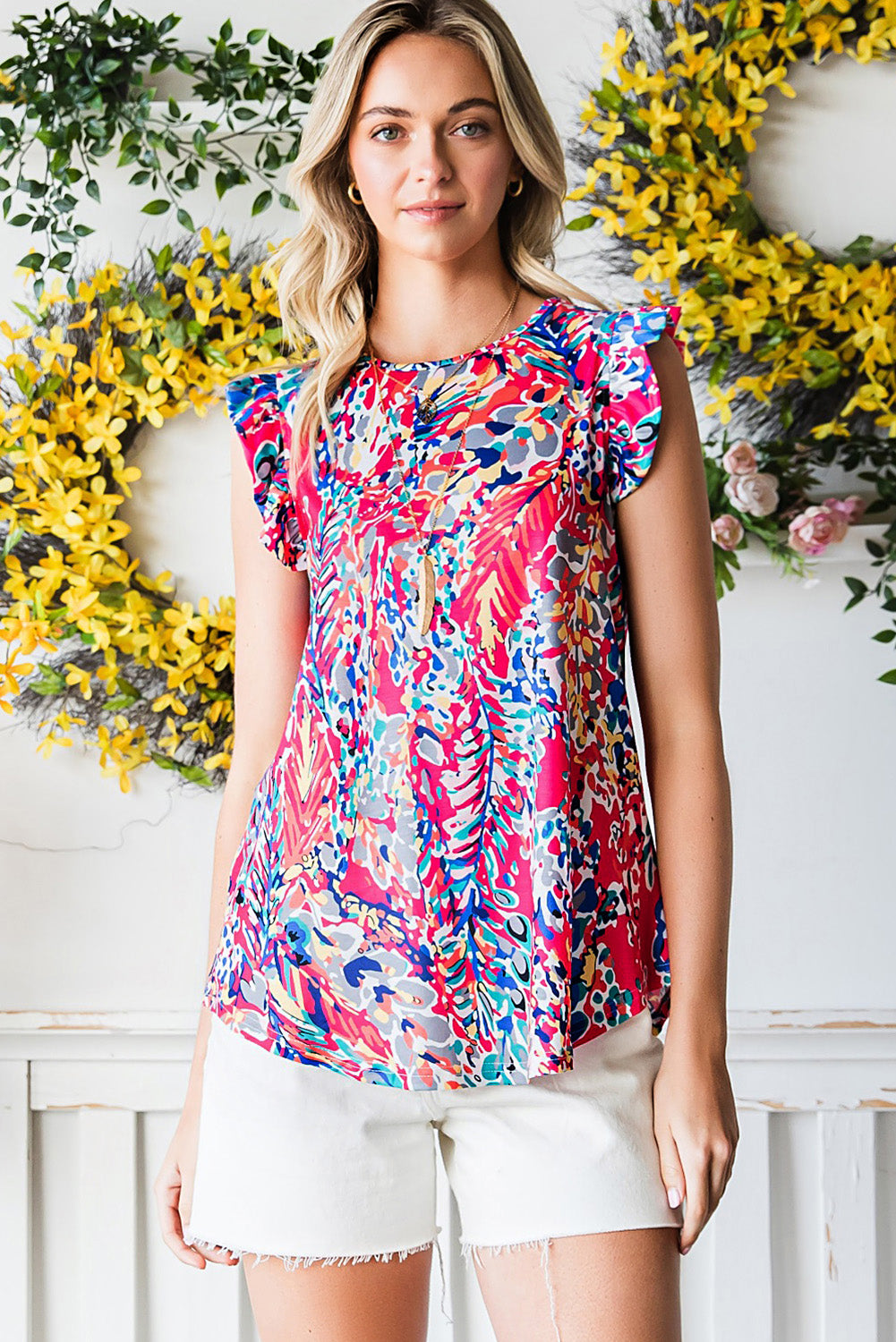 Abstract Print Ruffle Shoulder Top