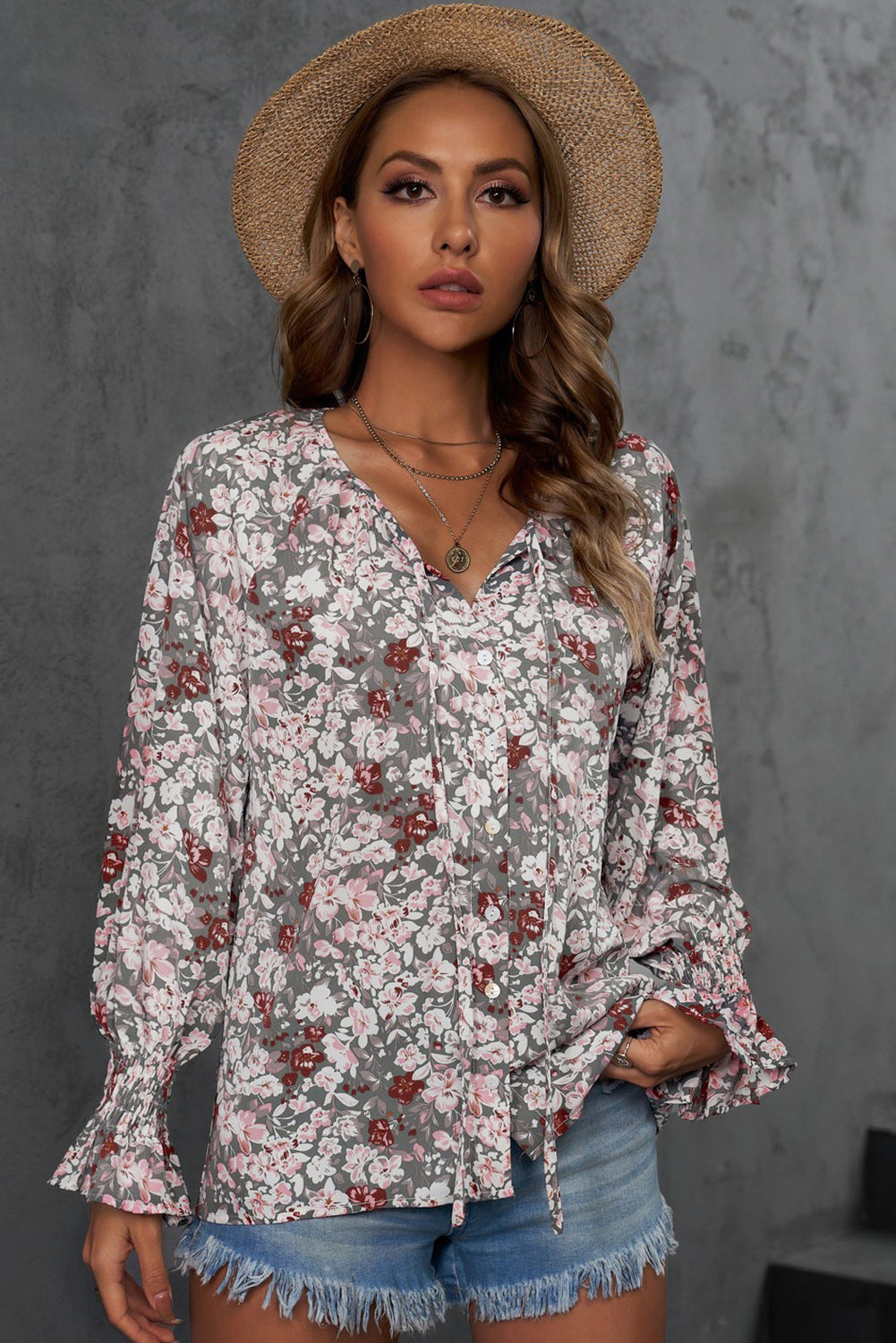 Printed Tie-Neck Long Flounce Sleeve Blouse