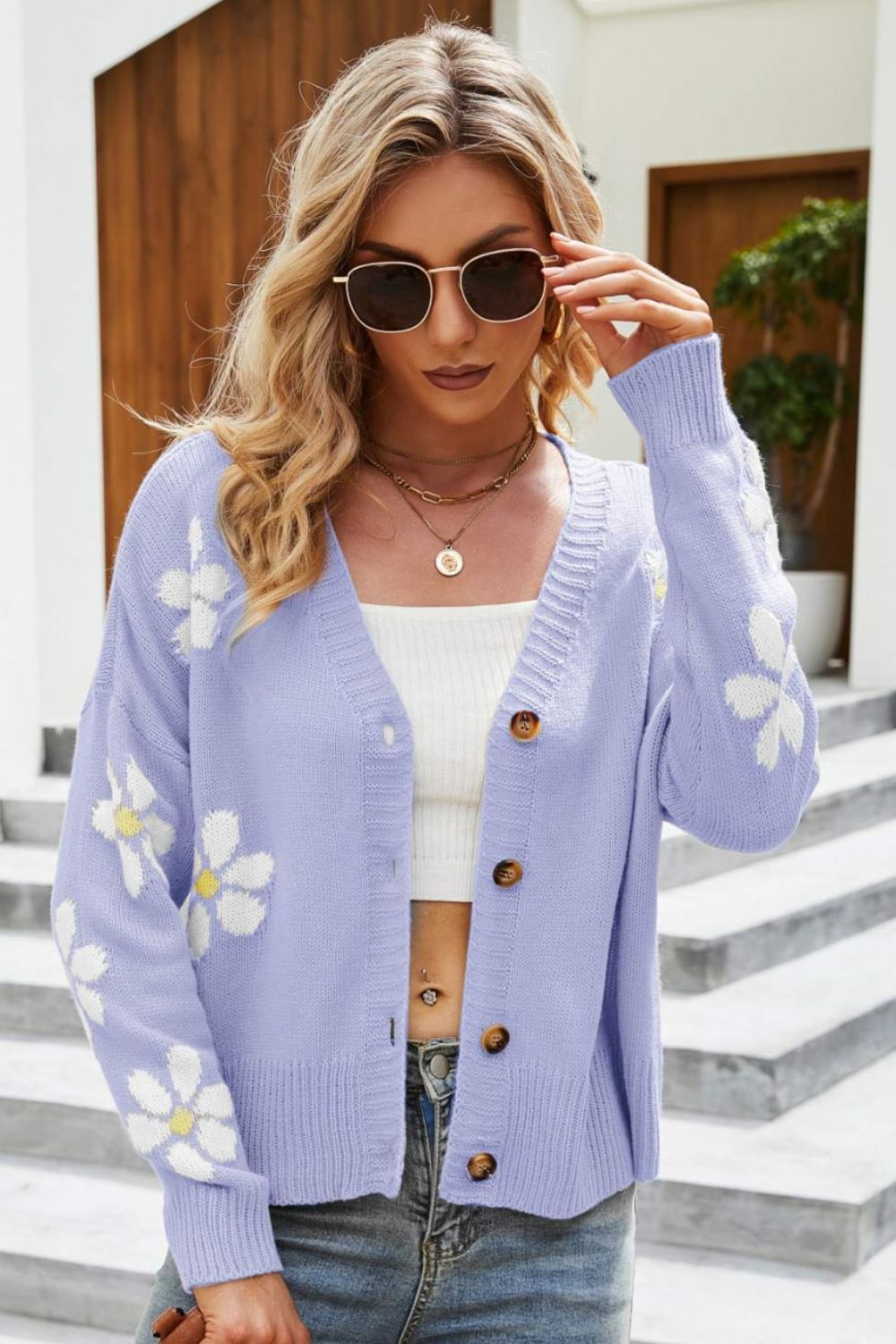 Floral Ribbed Trim Drop Shoulder Cardigan