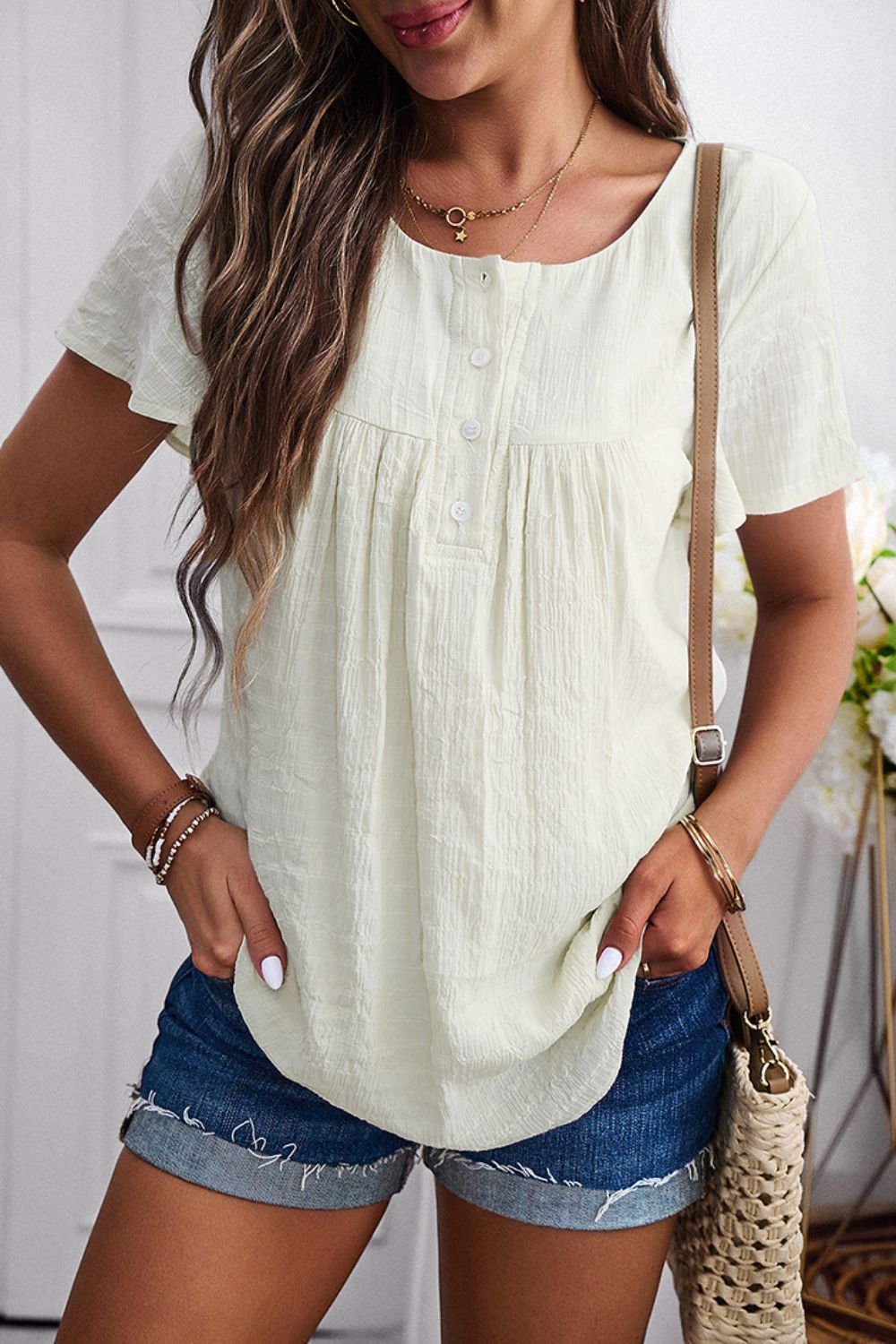 Quarter-Button Round Neck Short Sleeve Top