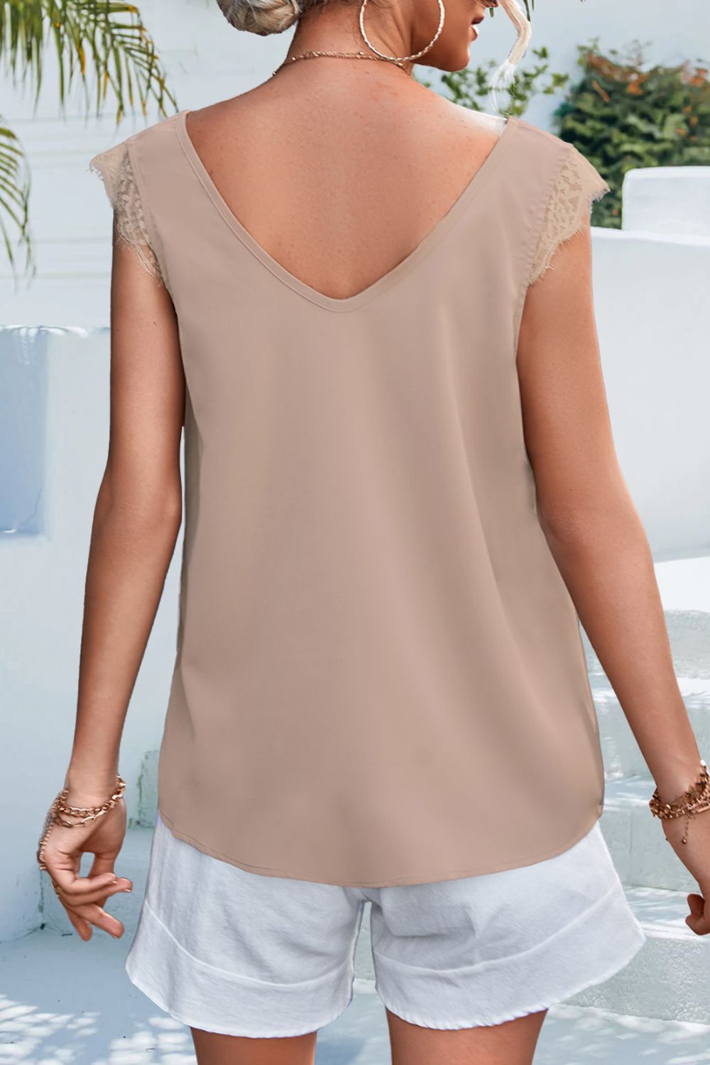 Lace Detail Eyelash Trim V-Neck Tank