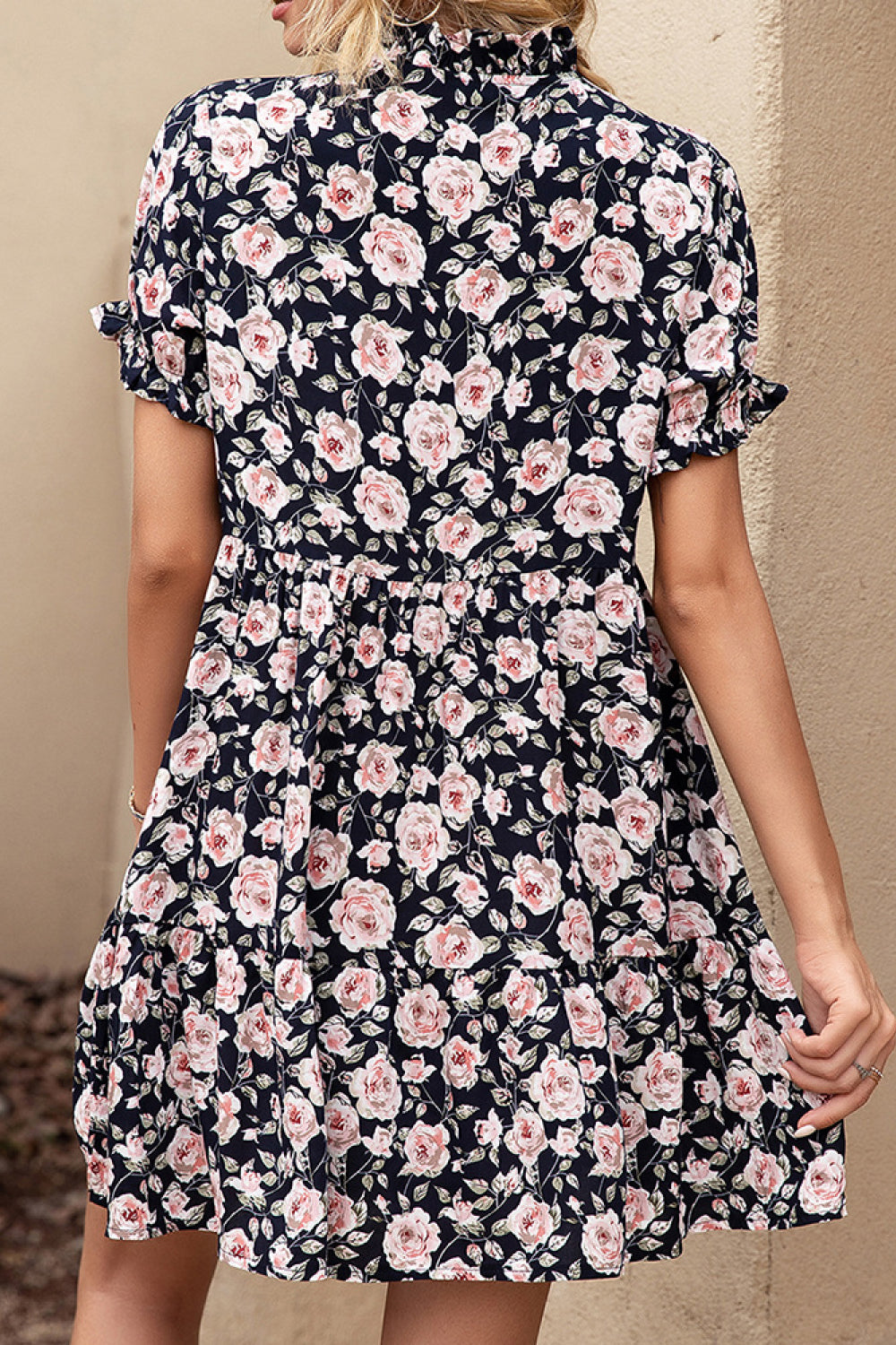 Floral Ruffle Trim Tie-Neck Dress