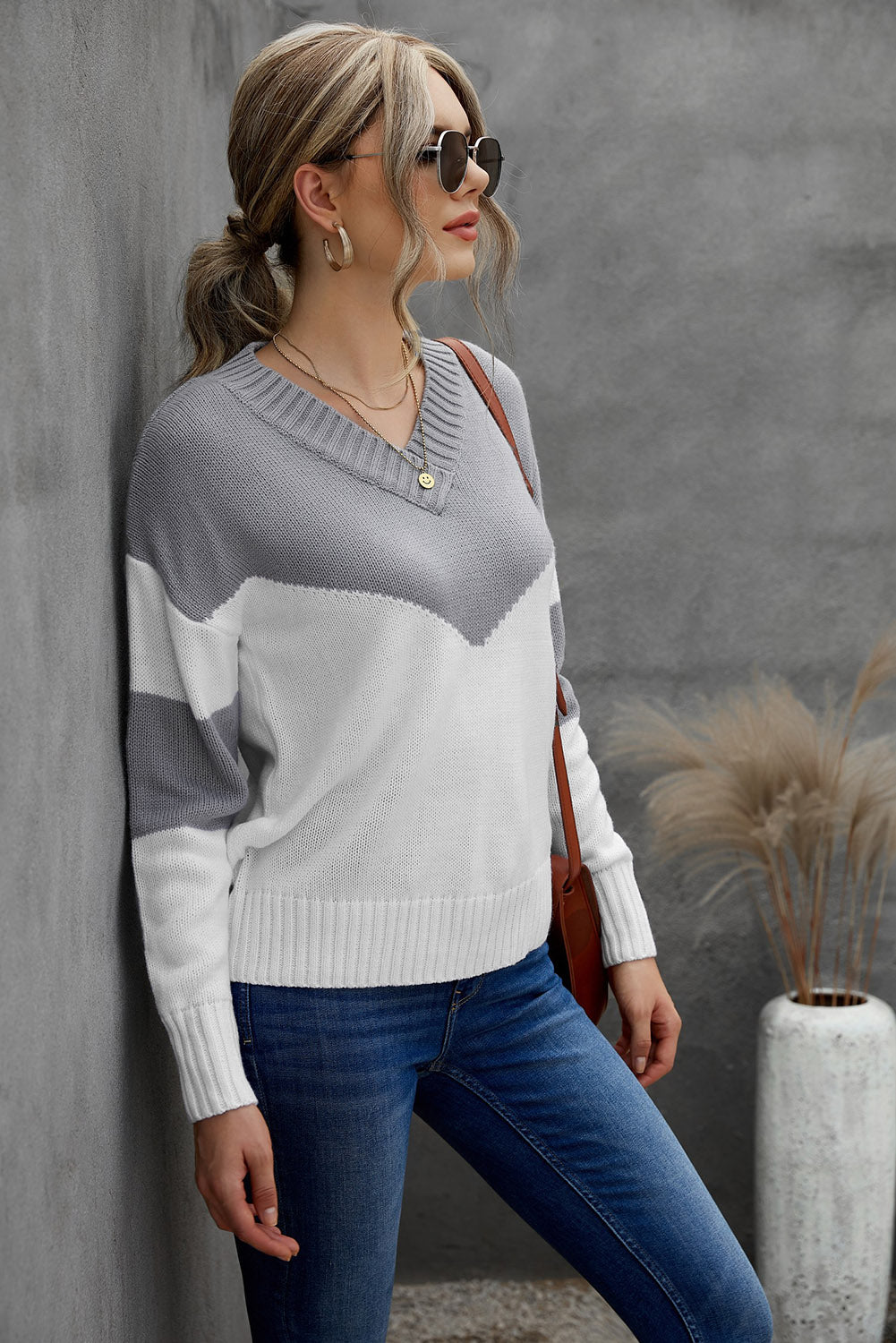 Chevron Color Block V-Neck Dropped Shoulder Sweater