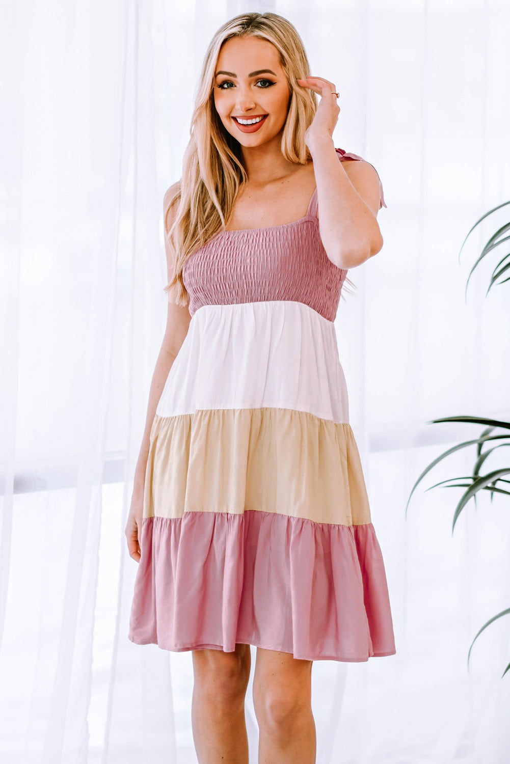 Color Block Tie Shoulder Tiered Dress