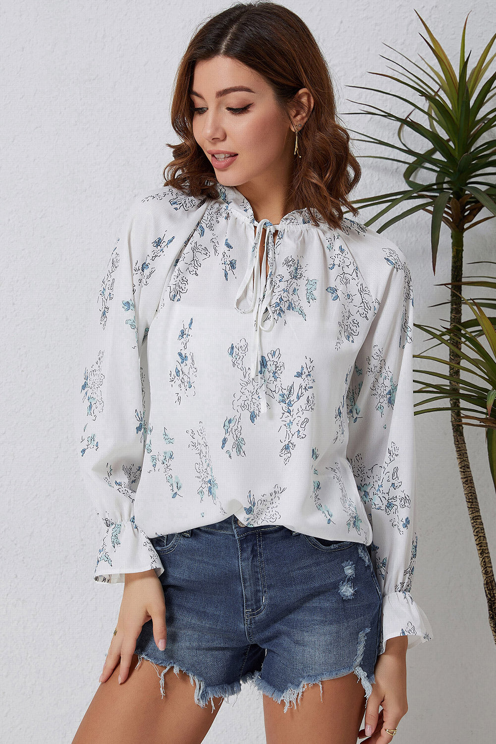 Floral Tie Neck Flounce Sleeve Blouse