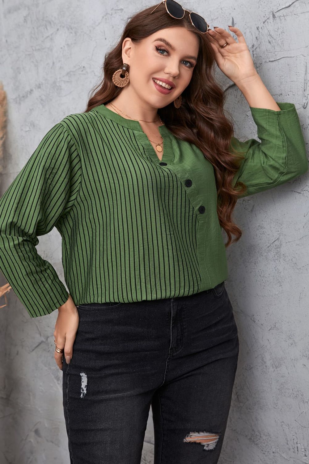 Plus Size Striped Notched Neck Top