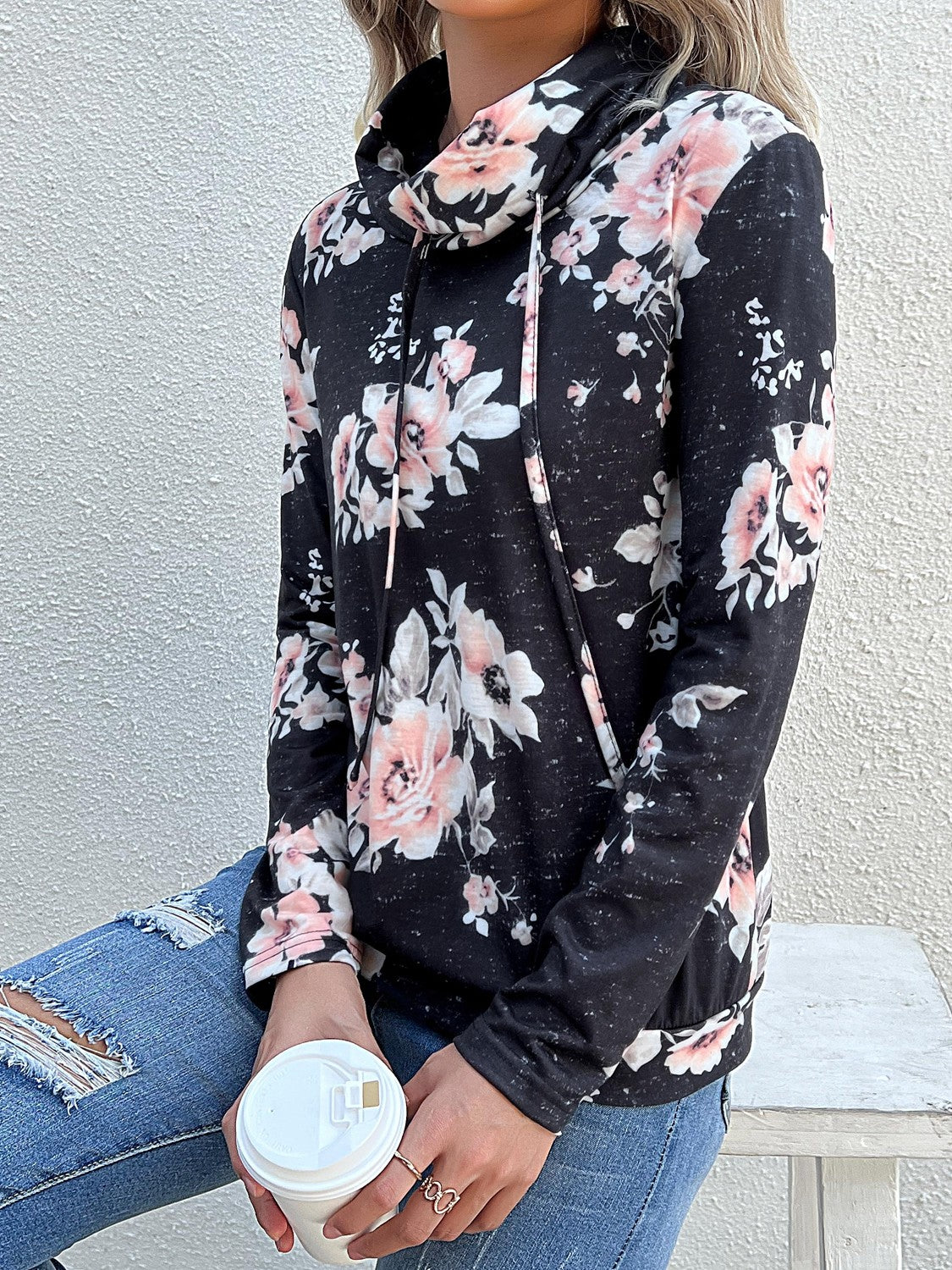 Floral Drawstring Cowl Neck Sweatshirt