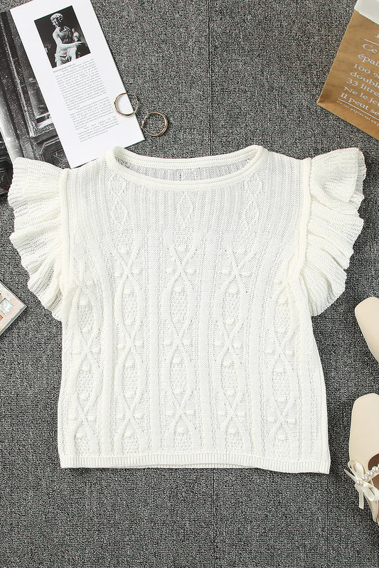 Flutter Sleeve Pompom Detail Knit Top