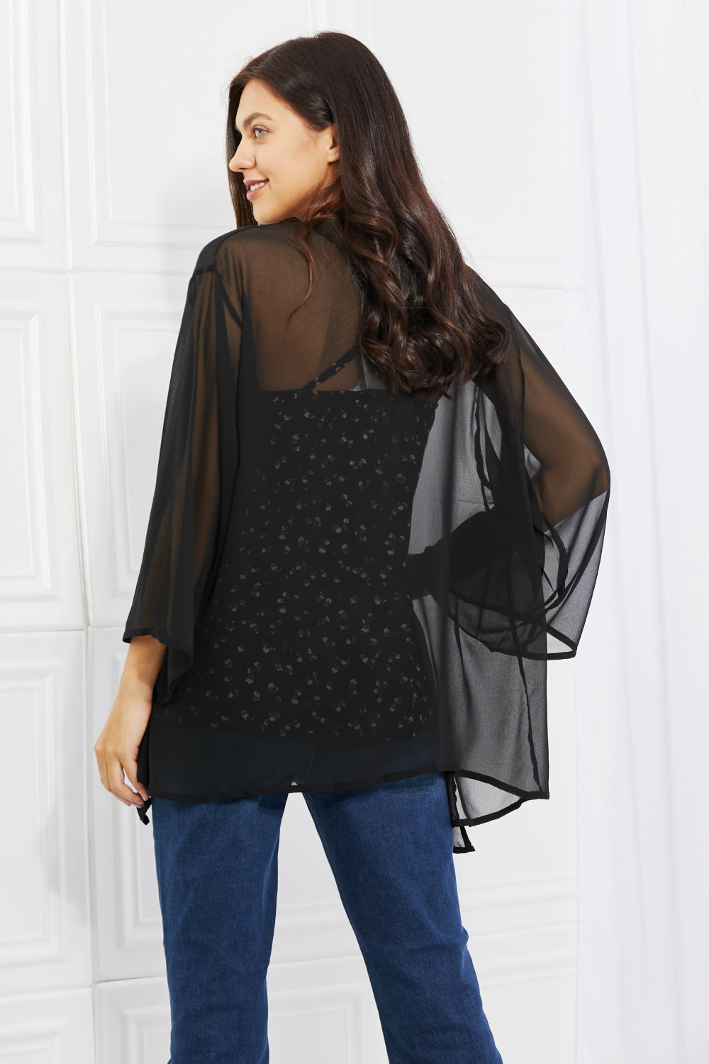 Melody Just Breathe Full Size Chiffon Kimono in Black