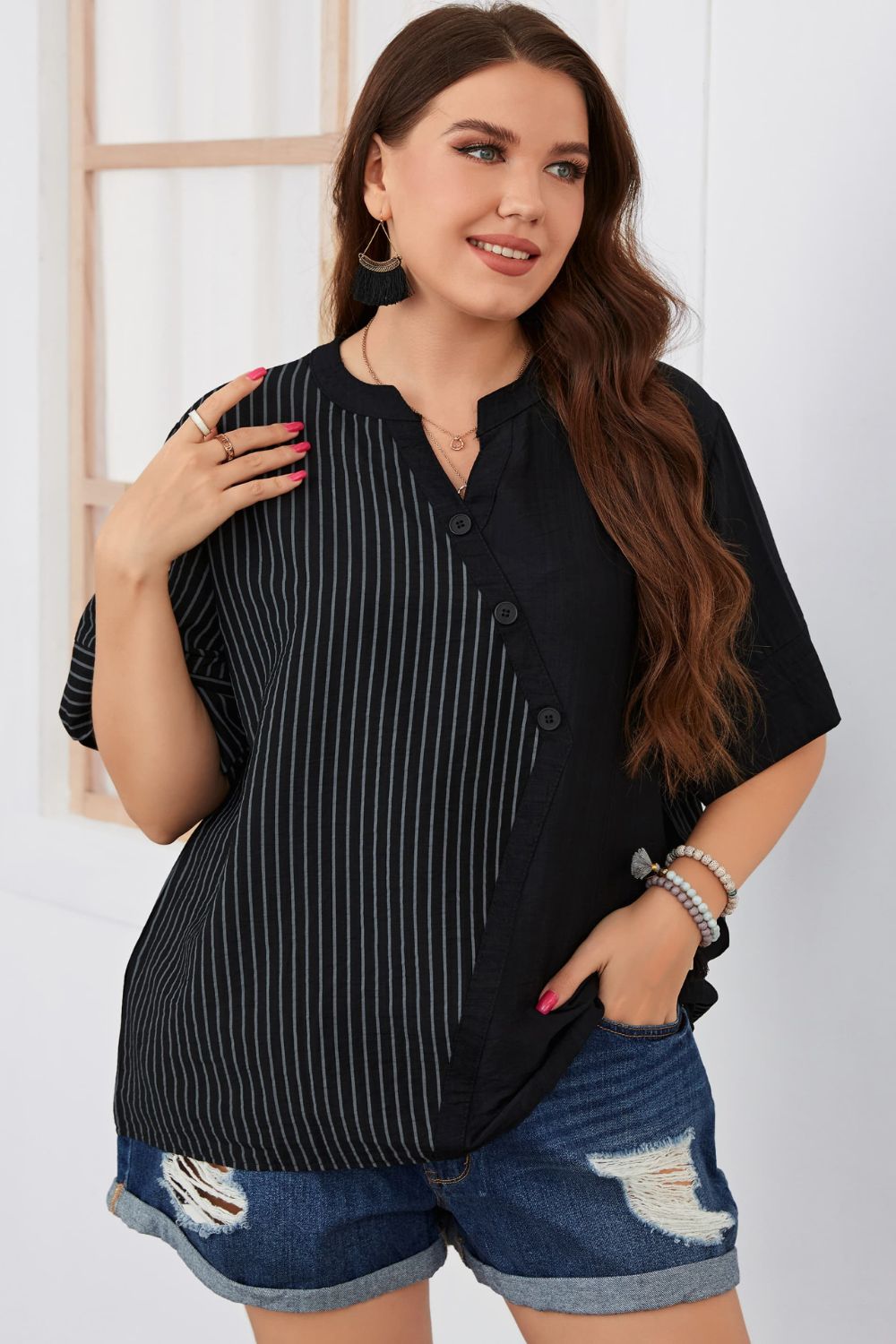 Plus Size Striped Notched Neck Half Sleeve Top